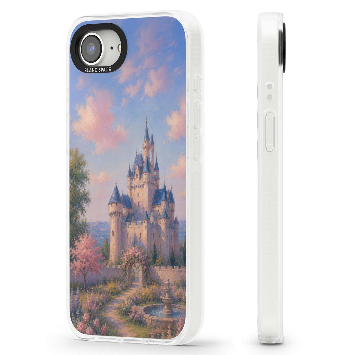 Enchanted Kingdom fairytale iPhone case featuring a romantic castle painting with cherry blossoms and pastel pink sky | Clear Case Impact Air case for iPhone 16e, iPhone 17e