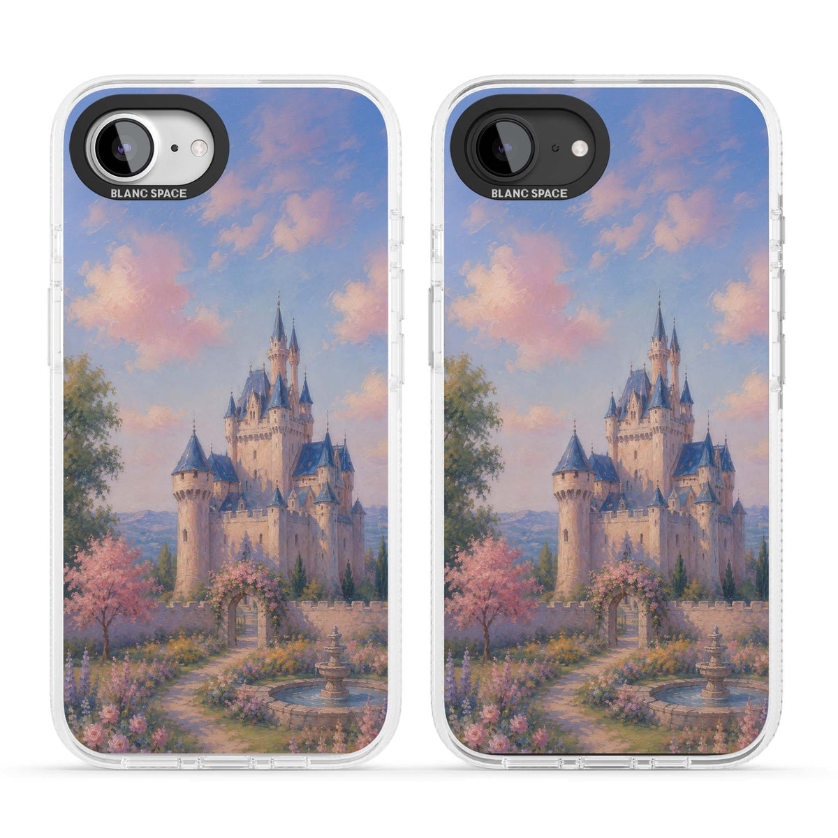 Enchanted Kingdom fairytale iPhone case featuring a romantic castle painting with cherry blossoms and pastel pink sky | Clear Case Impact Air case for iPhone 16e, iPhone 17e