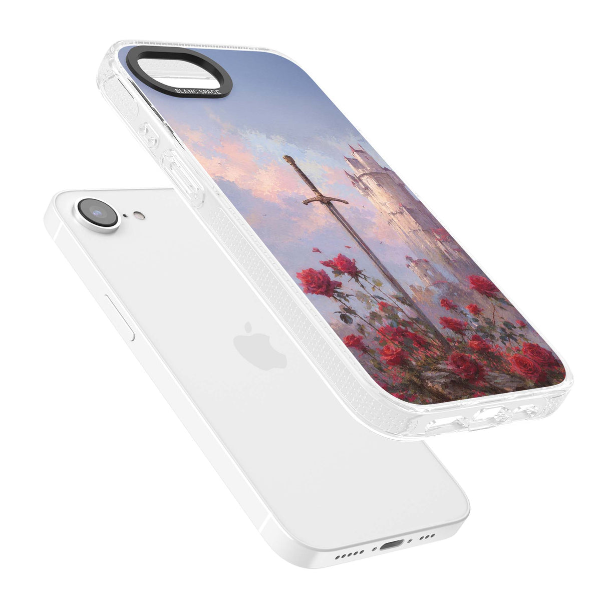 Sword in Roses medieval art iPhone case featuring a sword, red roses, and a misty fairytale castle at sunset | Clear Case Impact Air case for iPhone 16e, iPhone 17e