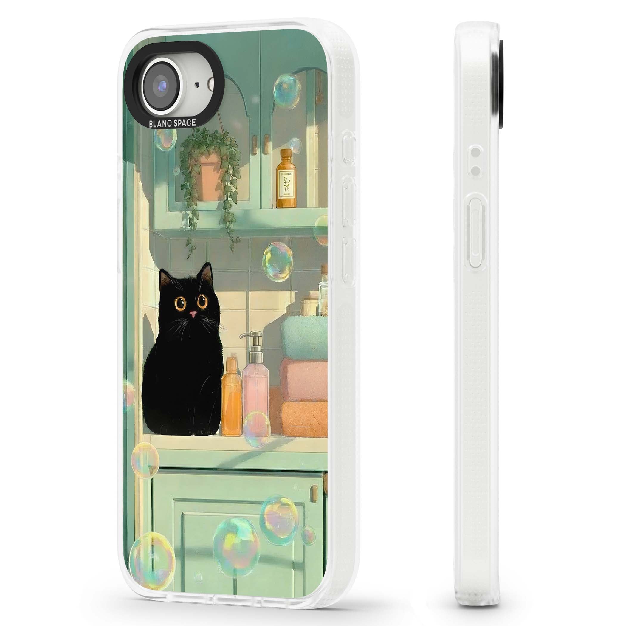Bathroom Bubble Kitty cottagecore iPhone case featuring a black cat, mint bathroom scene and floating soap bubbles | Clear Case Impact Air case for iPhone 16e, iPhone 17e