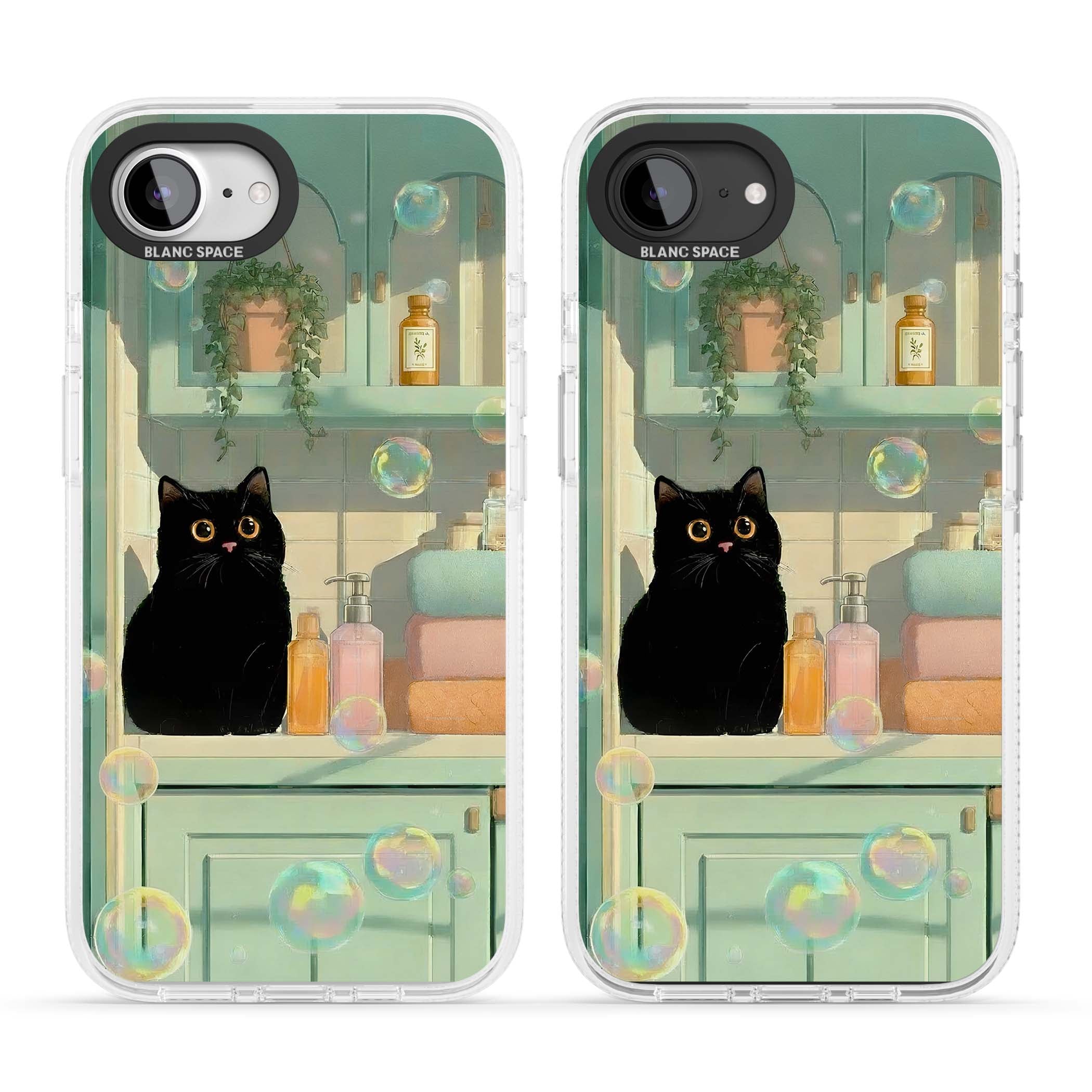 Bathroom Bubble Kitty cottagecore iPhone case featuring a black cat, mint bathroom scene and floating soap bubbles | Clear Case Impact Air case for iPhone 16e, iPhone 17e