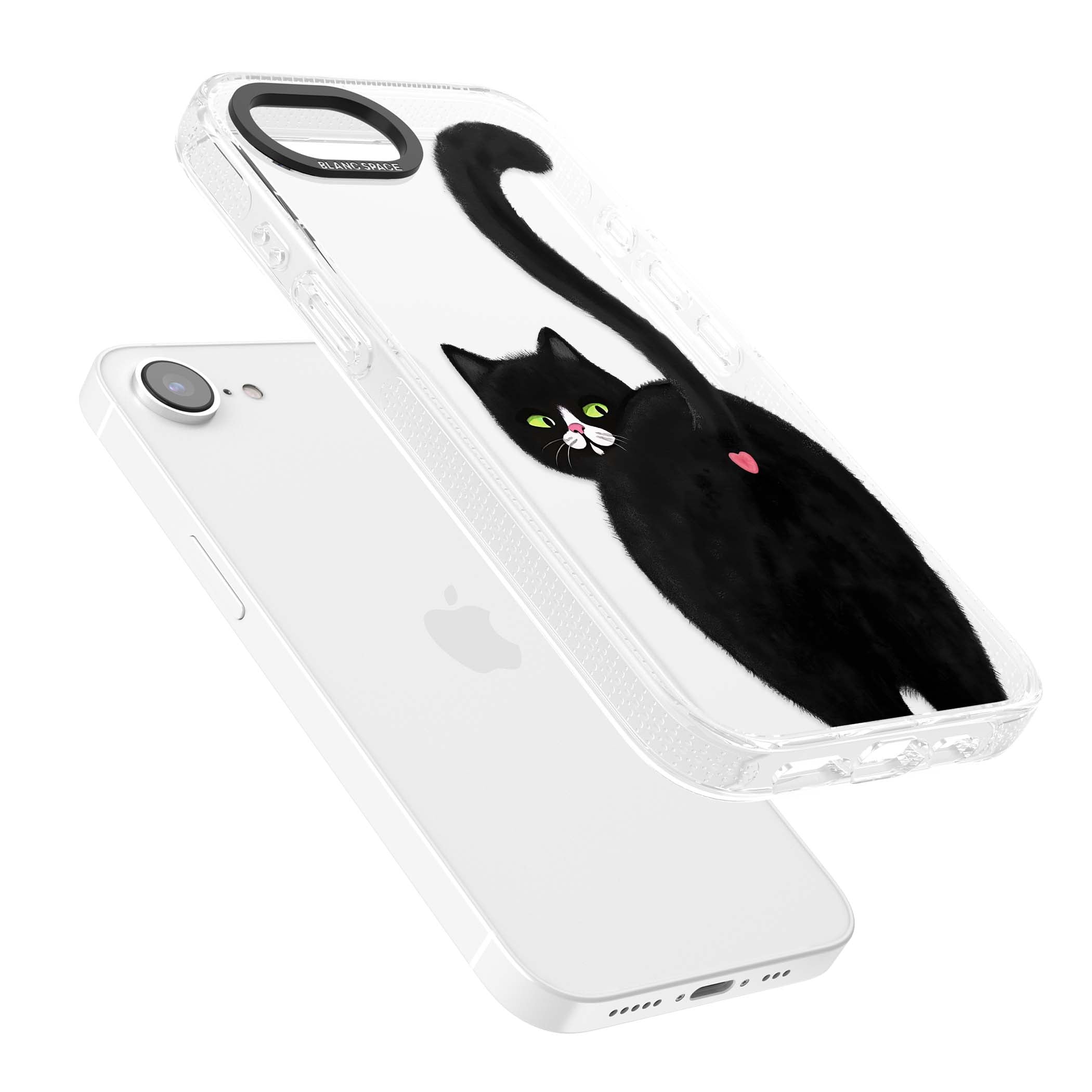 The Cat's Kiss cute cat iPhone case featuring a hand-painted tuxedo kitty with green eyes and a pink heart on a clear | Clear Case Impact Air case for iPhone 16e, iPhone 17e