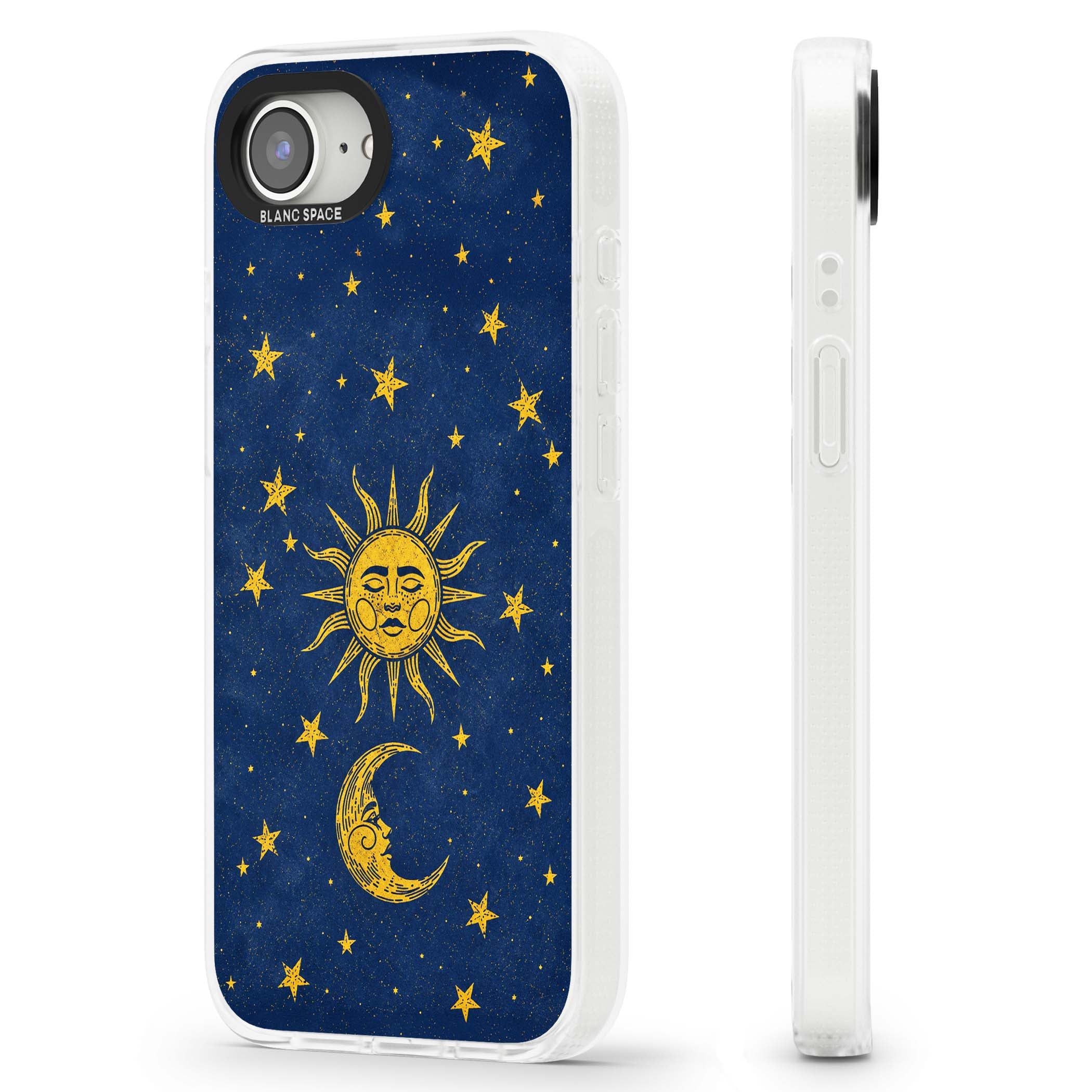 Sun & Moon Reverie celestial iPhone case featuring a vintage golden sun, crescent moon and scattered stars on midnight blue | Clear Case Impact Air case for iPhone 16e, iPhone 17e