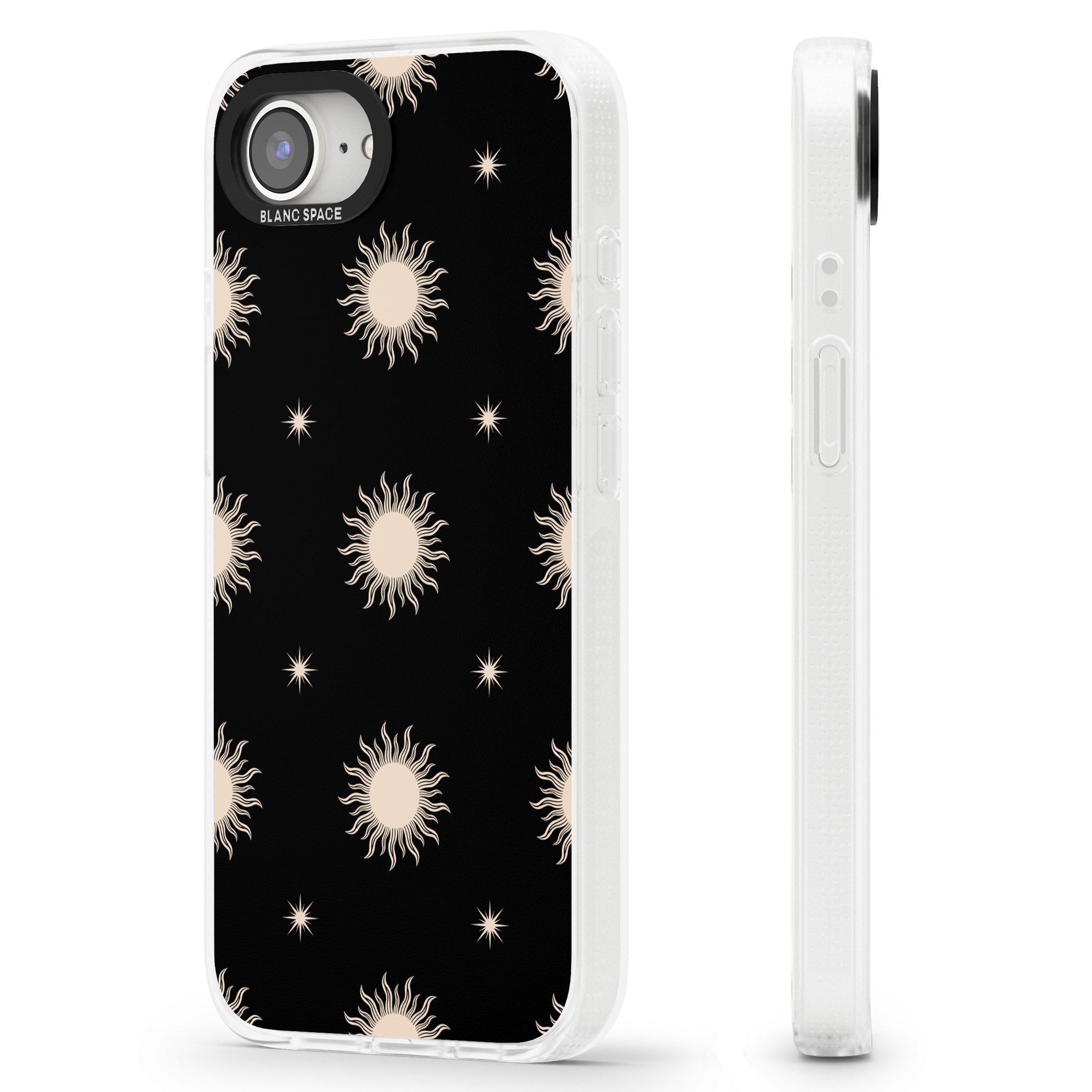 Celestial Patterns Classic Suns (Black) iPhone 16e Clear Case Impact Air - Blanc Space