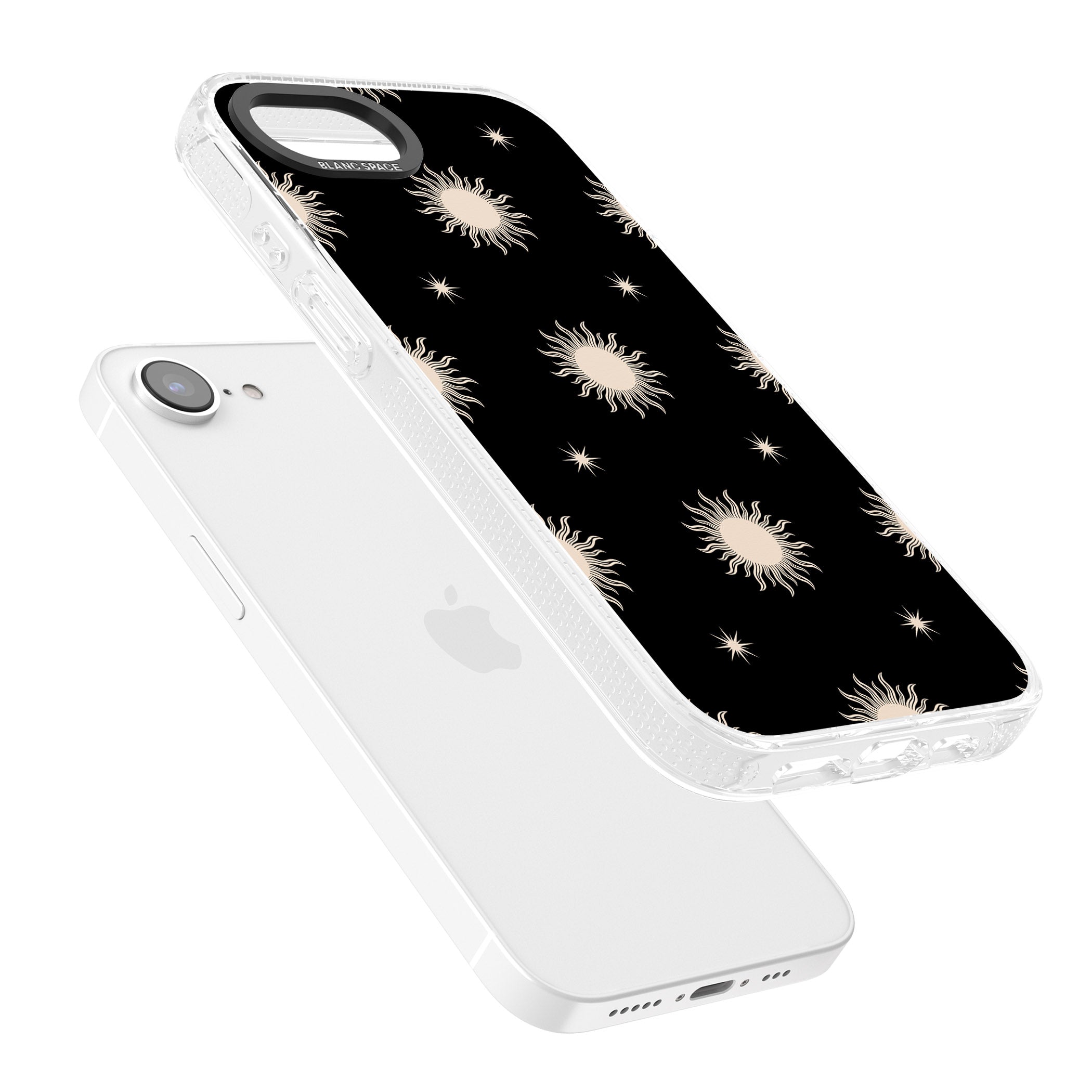 Celestial Patterns Classic Suns (Black) iPhone 16e Clear Case Impact Air - Blanc Space