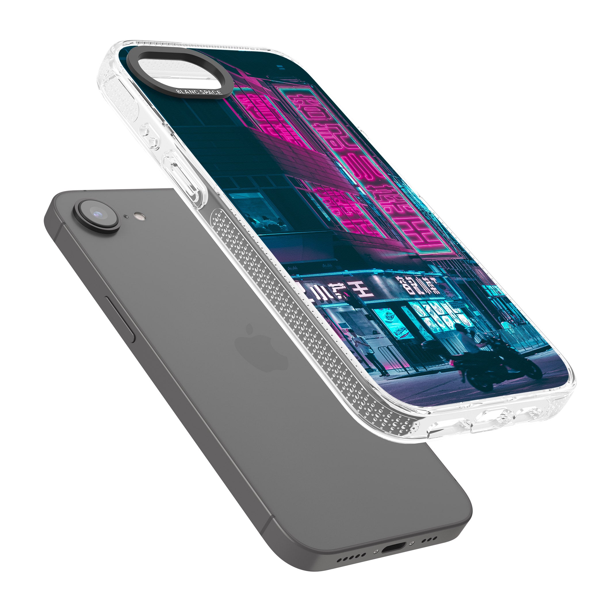 Motorcylist & Signs - Neon Cities Photographs iPhone 16e Clear Case Impact Air - Blanc Space