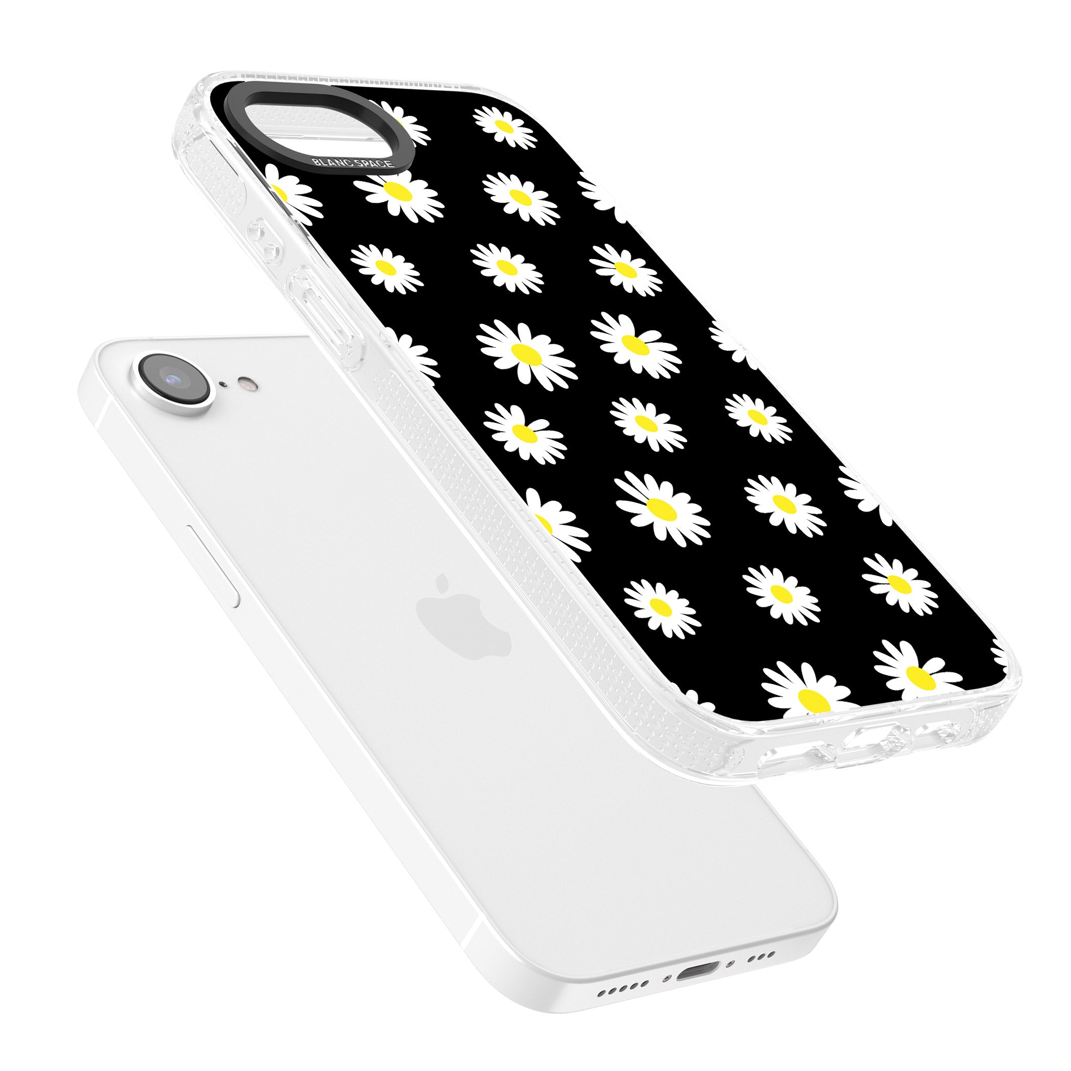 White Daisy Pattern (Black) iPhone 16e Clear Case Impact Air - Blanc Space