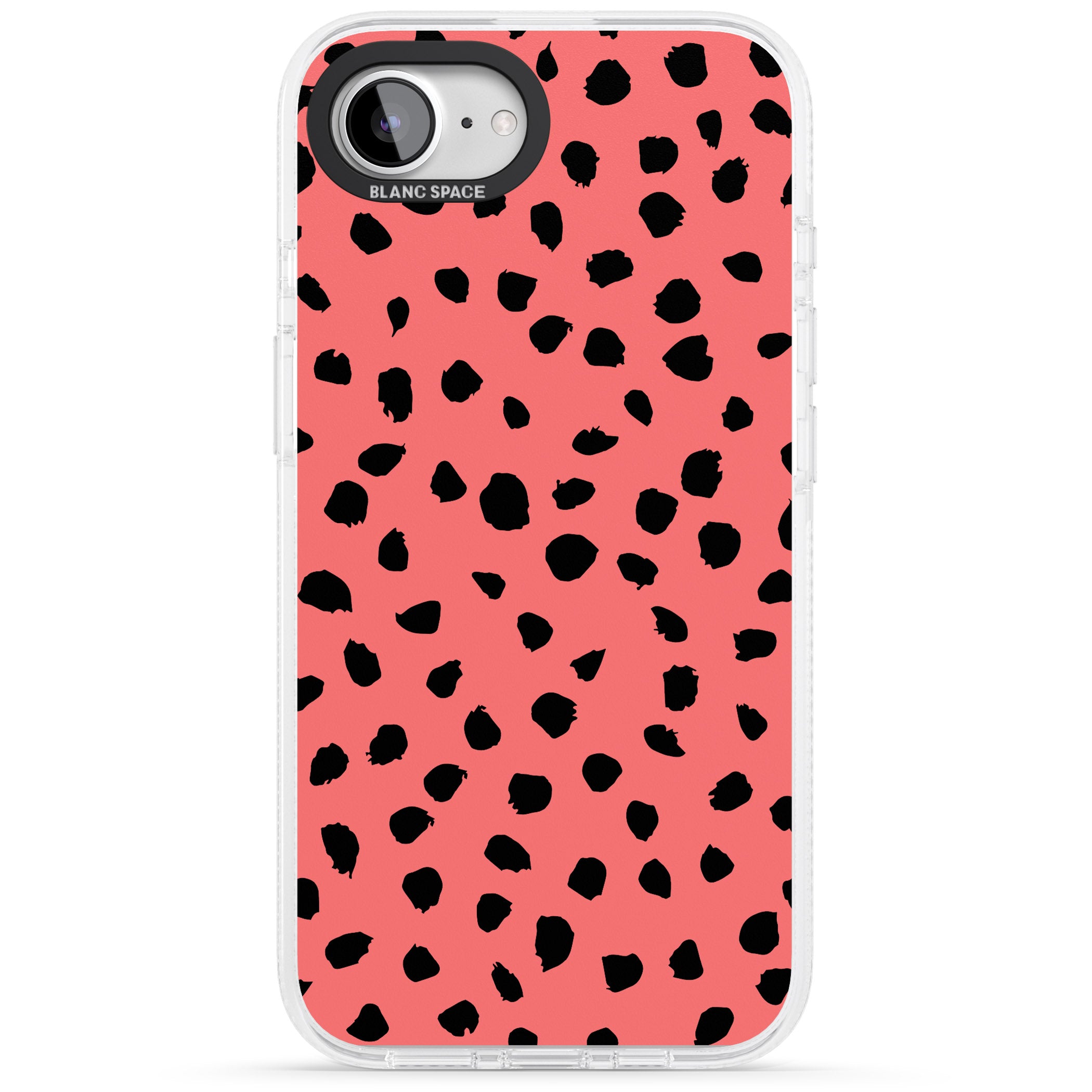 Black on Salmon Pink Dalmatian Polka Dot Spots iPhone 16e Clear Case Impact Air - Blanc Space