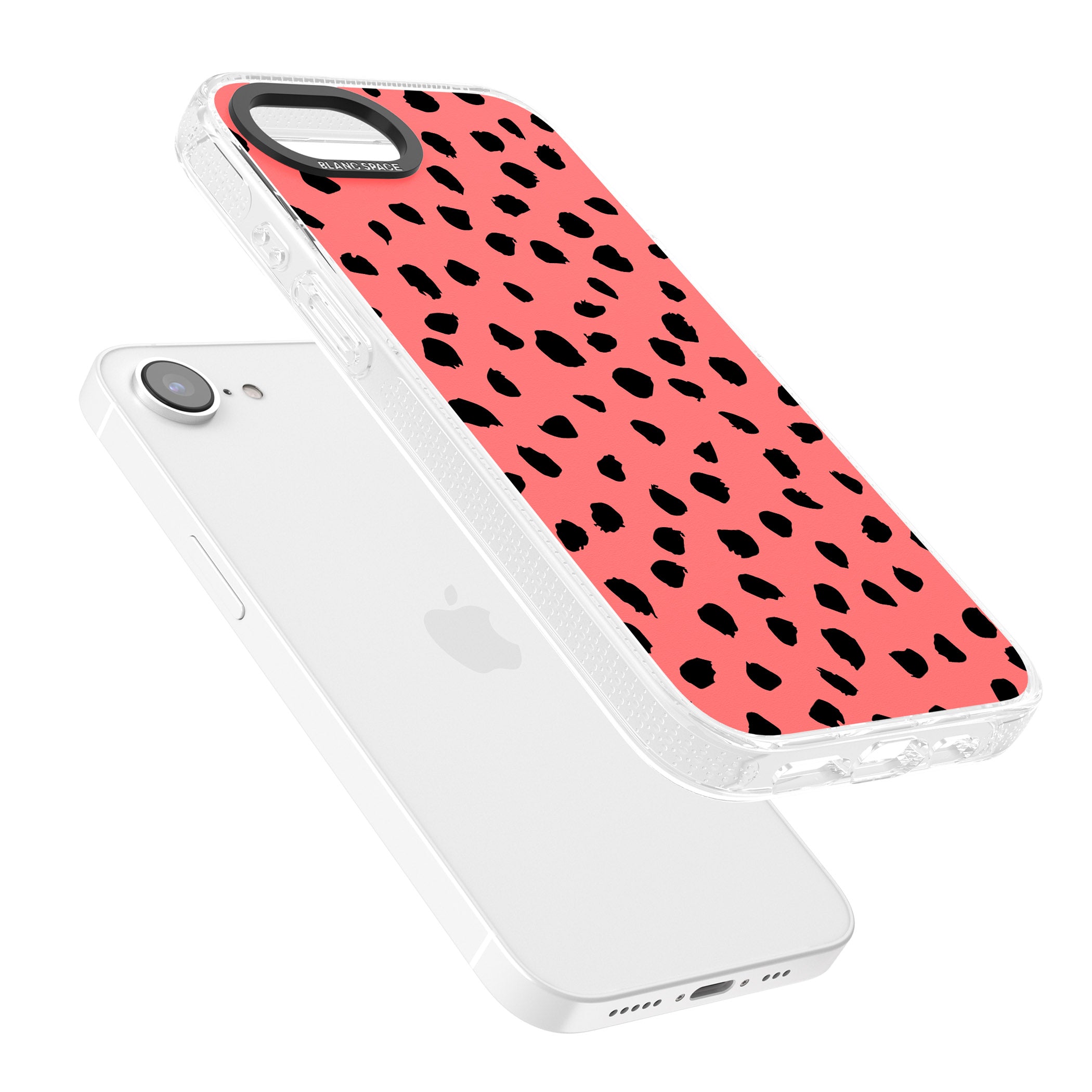 Black on Salmon Pink Dalmatian Polka Dot Spots iPhone 16e Clear Case Impact Air - Blanc Space