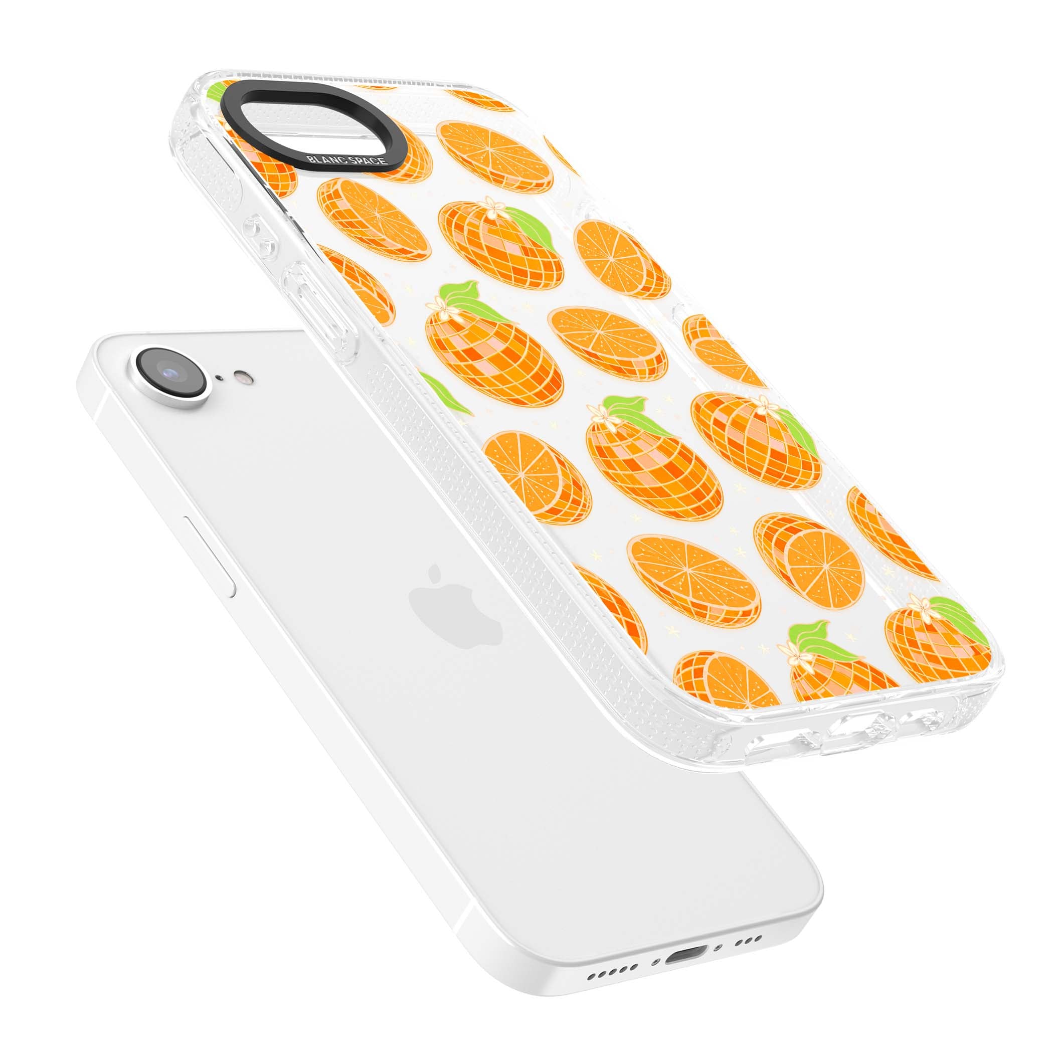 Disco Oranges retro iPhone case featuring mirrorball oranges, citrus slices and tiny blossoms on clear | Clear Case Impact Air case for iPhone 16e, iPhone 17e