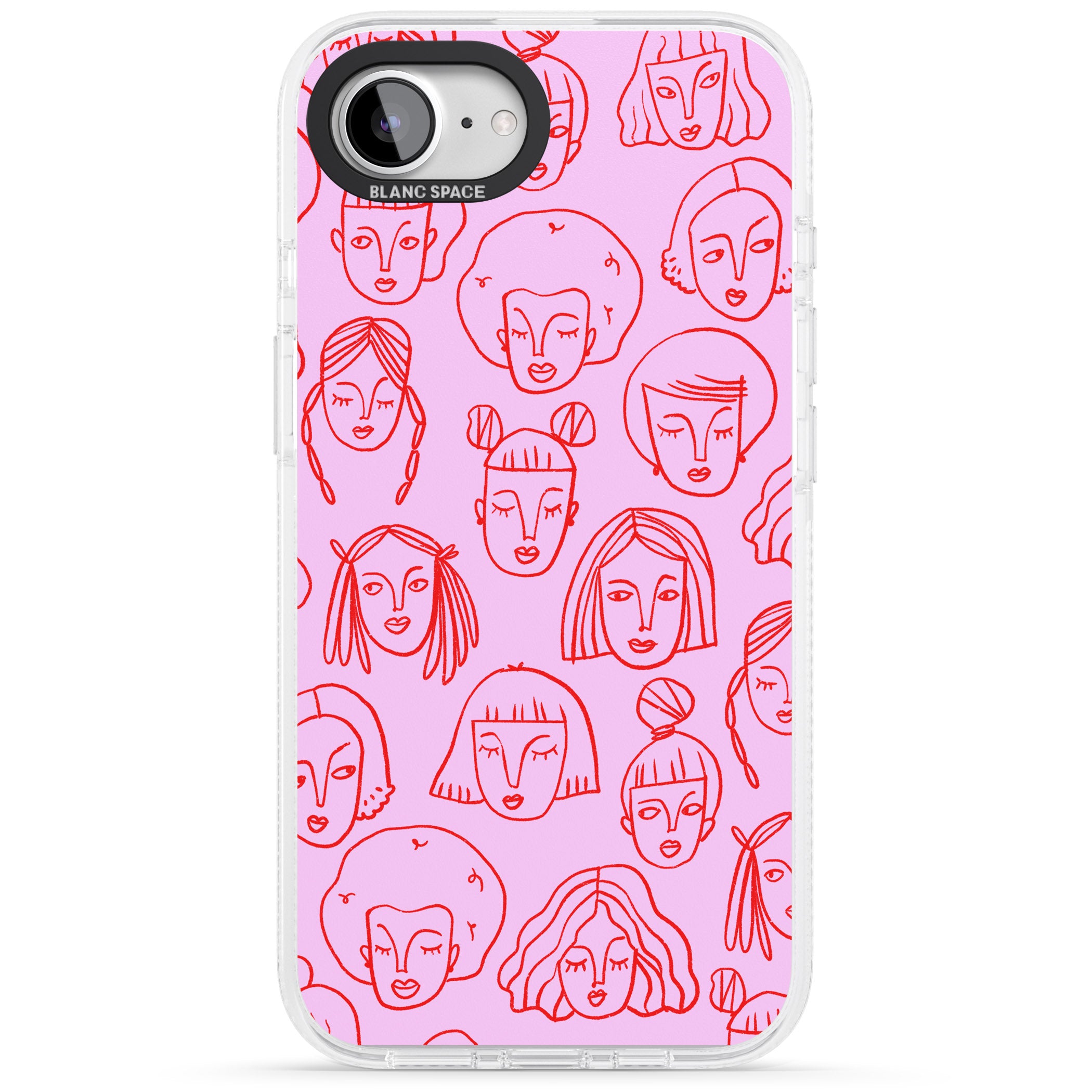 Girl Portrait Doodles in Pink & Red iPhone 16e Clear Case Impact Air - Blanc Space