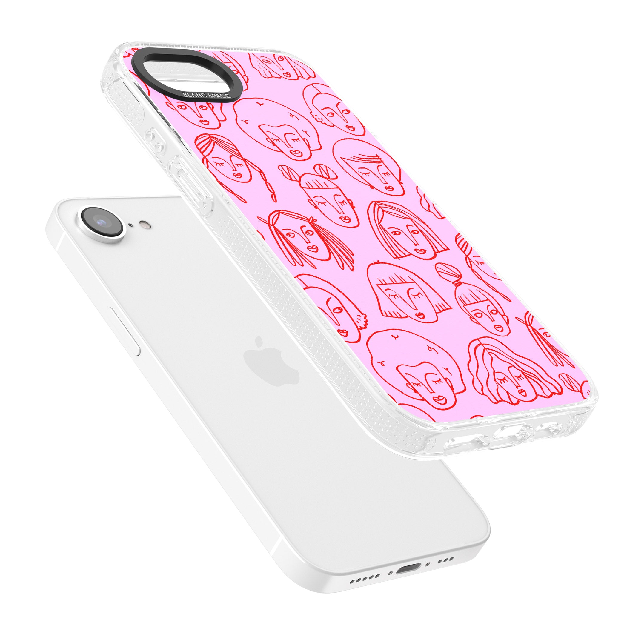 Girl Portrait Doodles in Pink & Red iPhone 16e Clear Case Impact Air - Blanc Space