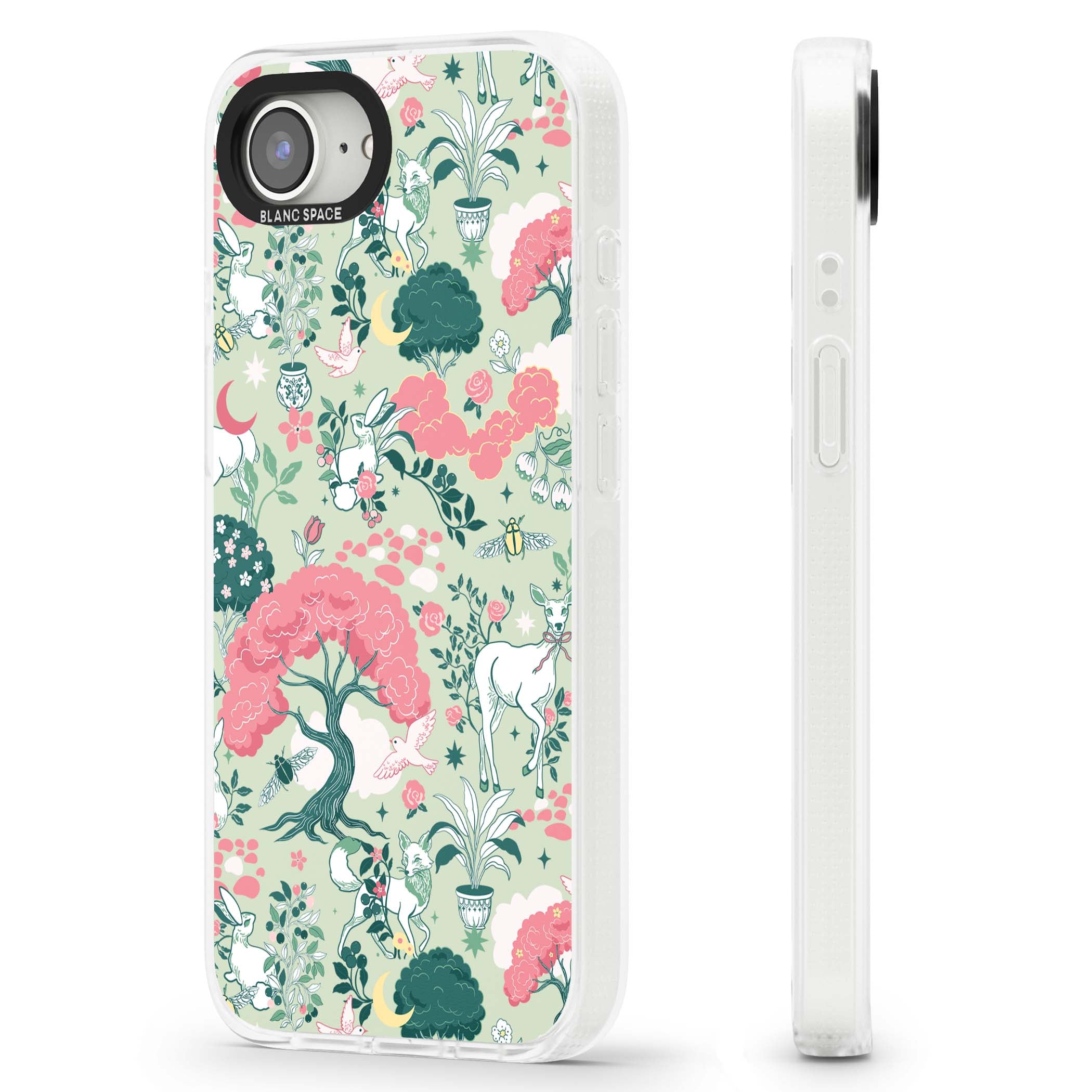Enchanted Woodland cottagecore iPhone case featuring white deer, pink roses, mushrooms and woodland animals on sage green | Clear Case Impact Air case for iPhone 16e, iPhone 17e