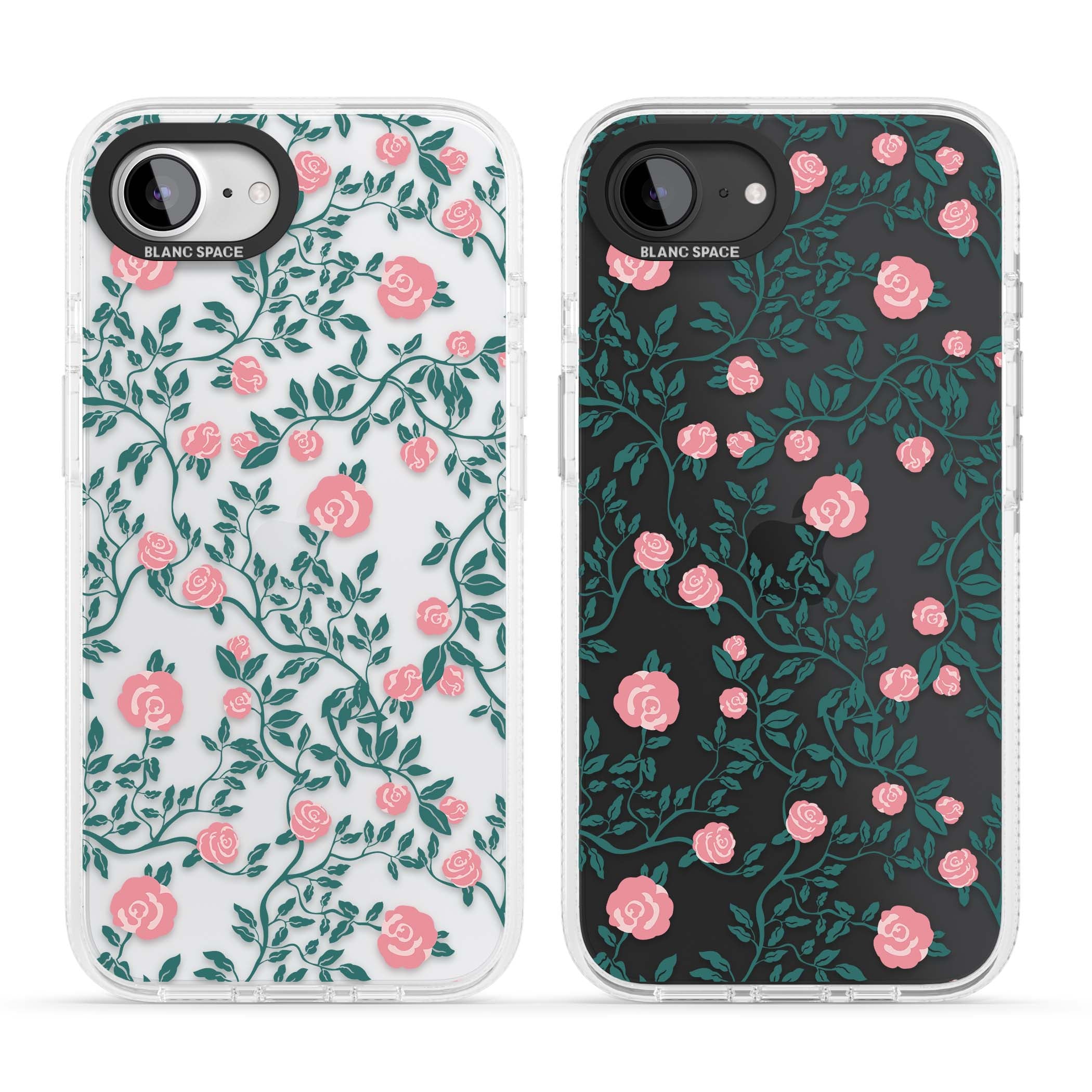 Rose Trellis (Clear) cottagecore iPhone case featuring pink climbing roses and green leaves on clear background | Clear Case Impact Air case for iPhone 16e, iPhone 17e