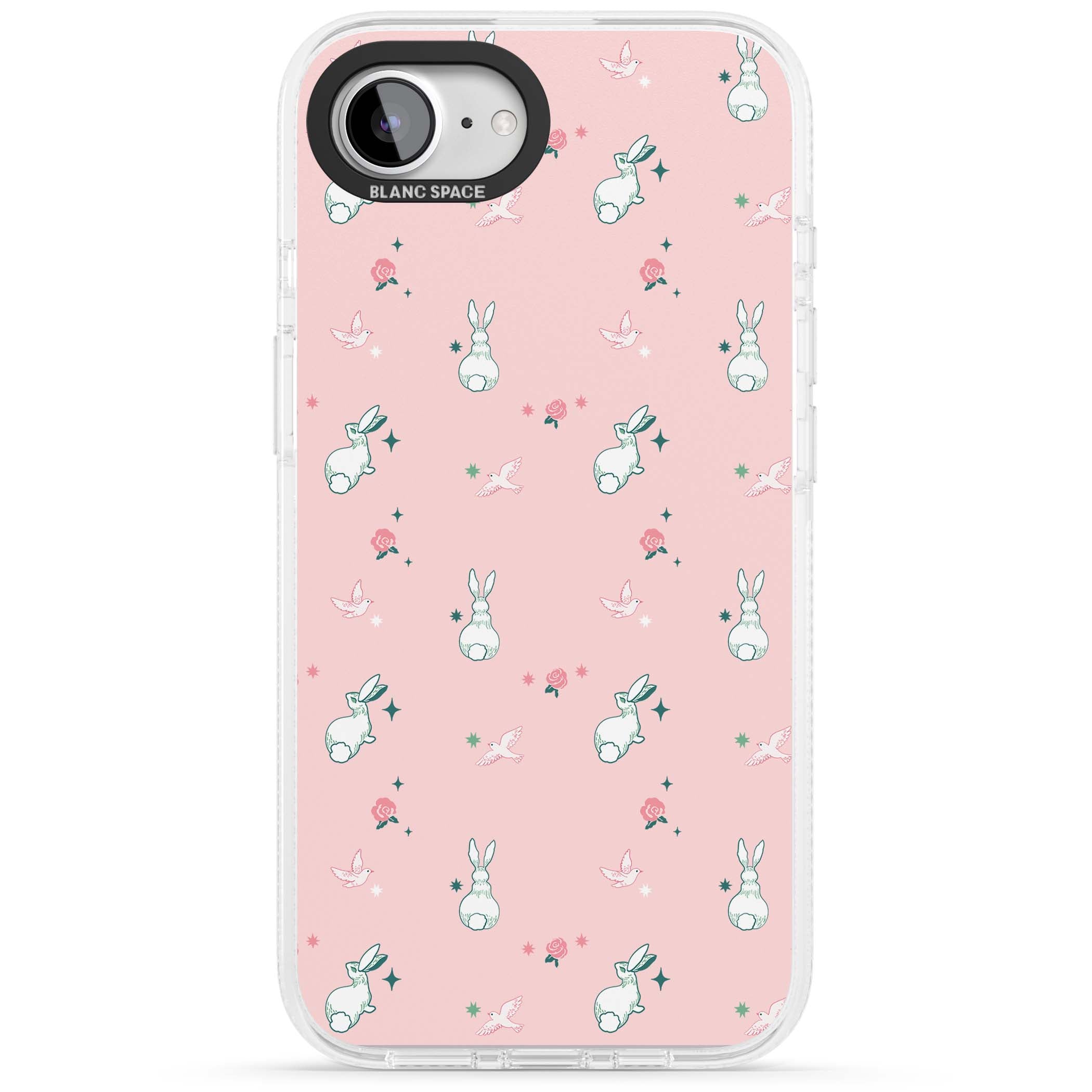 Bunny Garden kawaii iPhone case featuring white rabbits, pink roses, doves and stars on pink background | Clear Case Impact Air case for iPhone 16e, iPhone 17e
