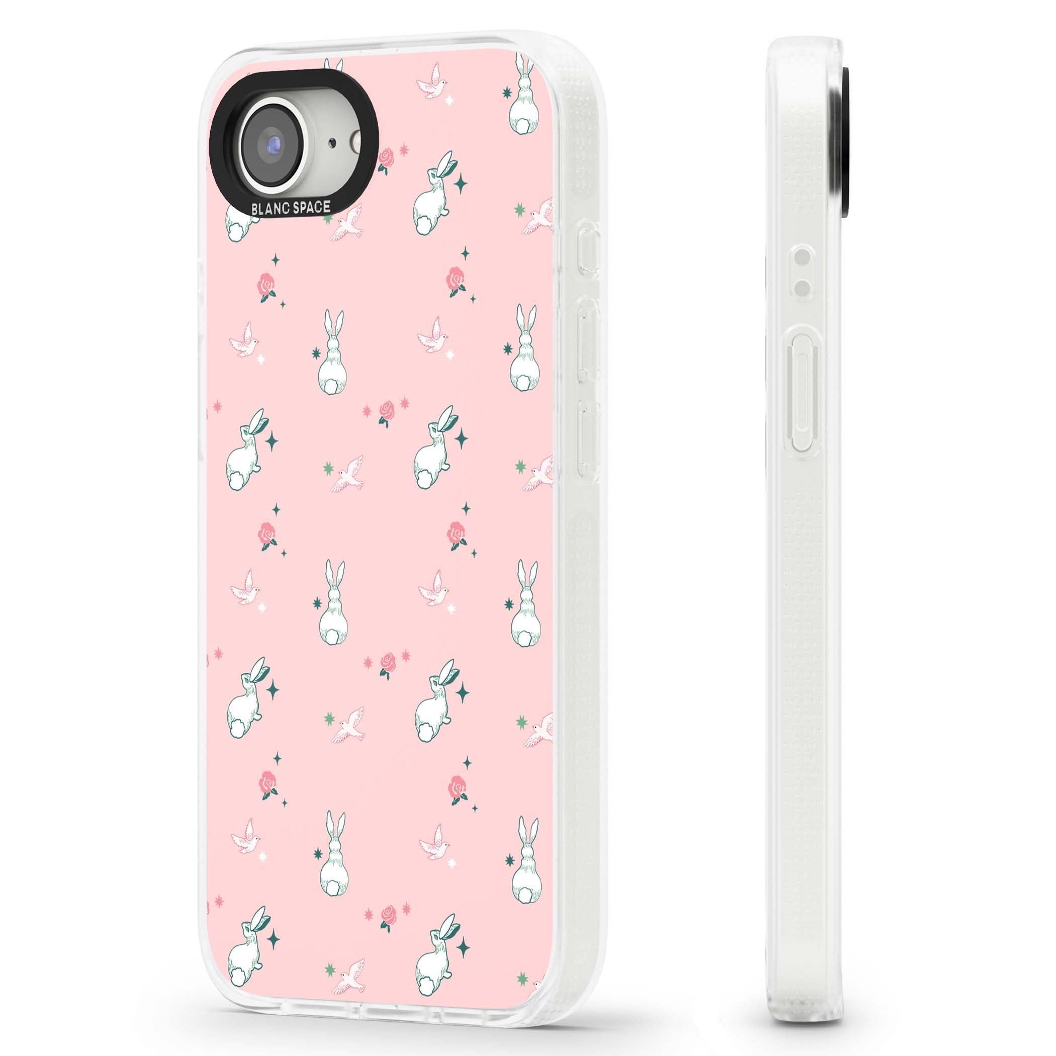 Bunny Garden kawaii iPhone case featuring white rabbits, pink roses, doves and stars on pink background | Clear Case Impact Air case for iPhone 16e, iPhone 17e
