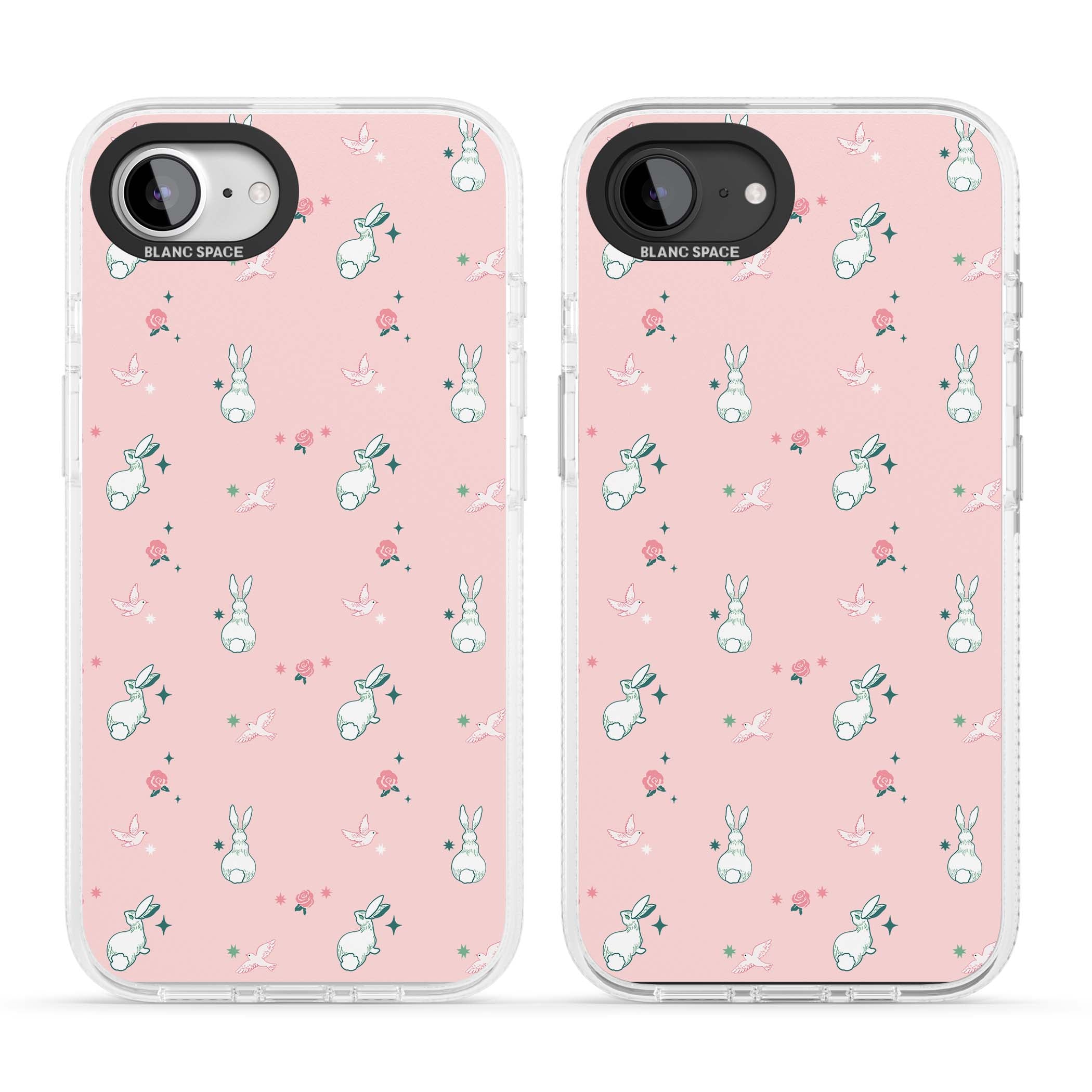 Bunny Garden kawaii iPhone case featuring white rabbits, pink roses, doves and stars on pink background | Clear Case Impact Air case for iPhone 16e, iPhone 17e