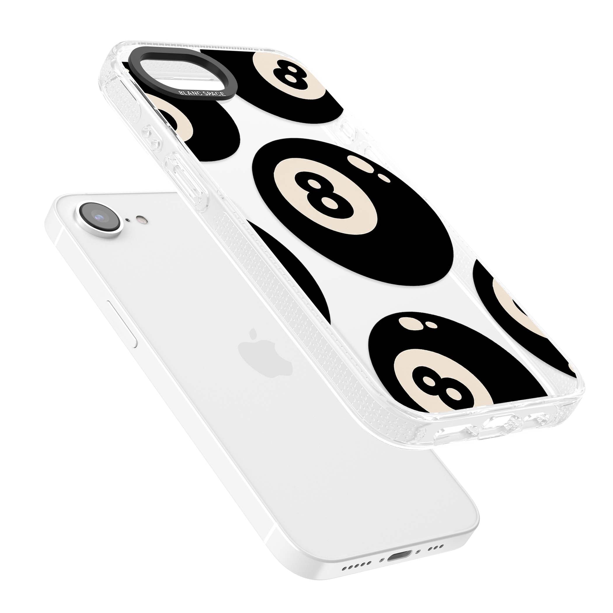 Eights y2k iPhone case featuring scattered black 8 balls with cream highlights on a clear background | Clear Case Impact Air case for iPhone 16e, iPhone 17e