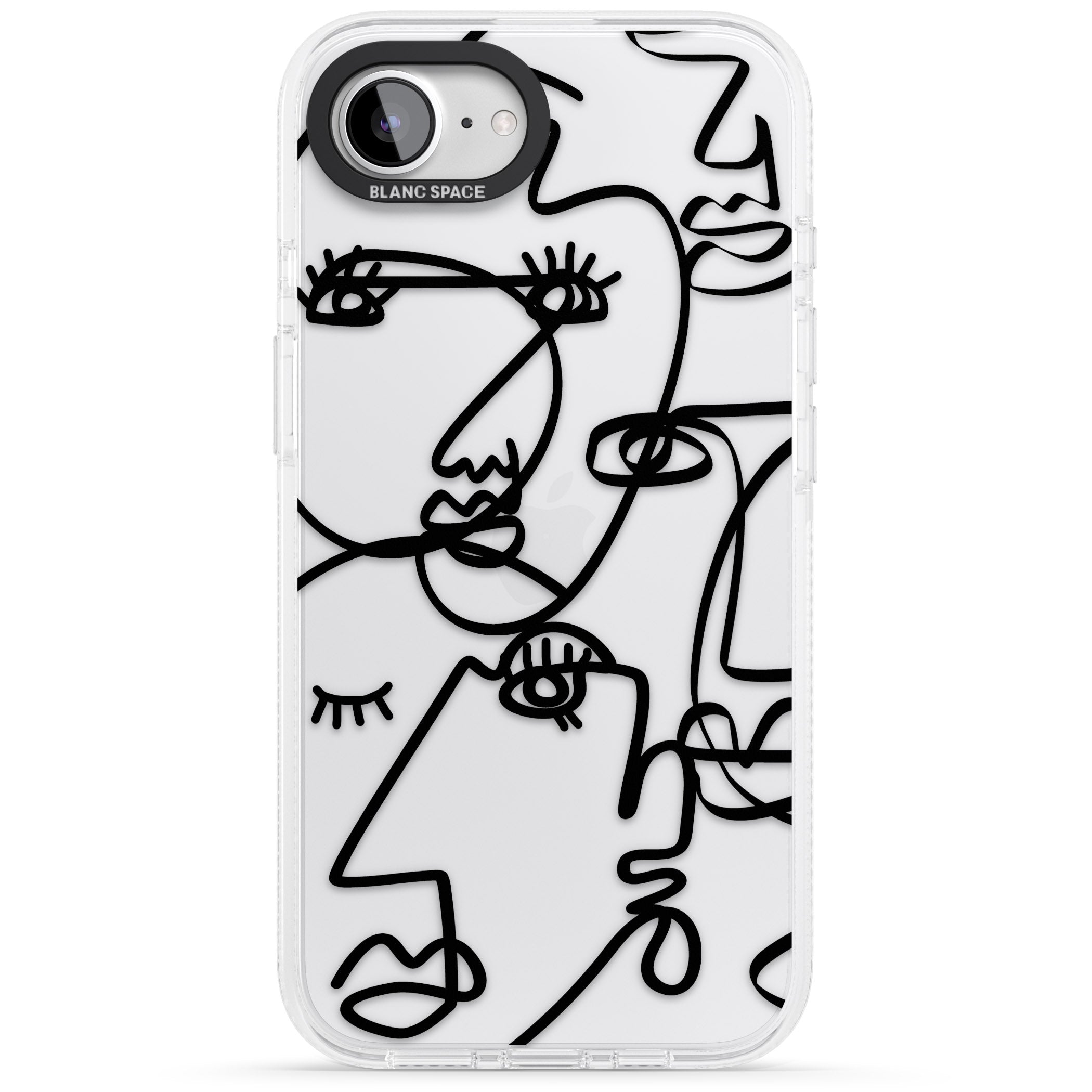 Abstract Continuous Line Faces Black on Clear iPhone 16e Clear Case Impact Air - Blanc Space