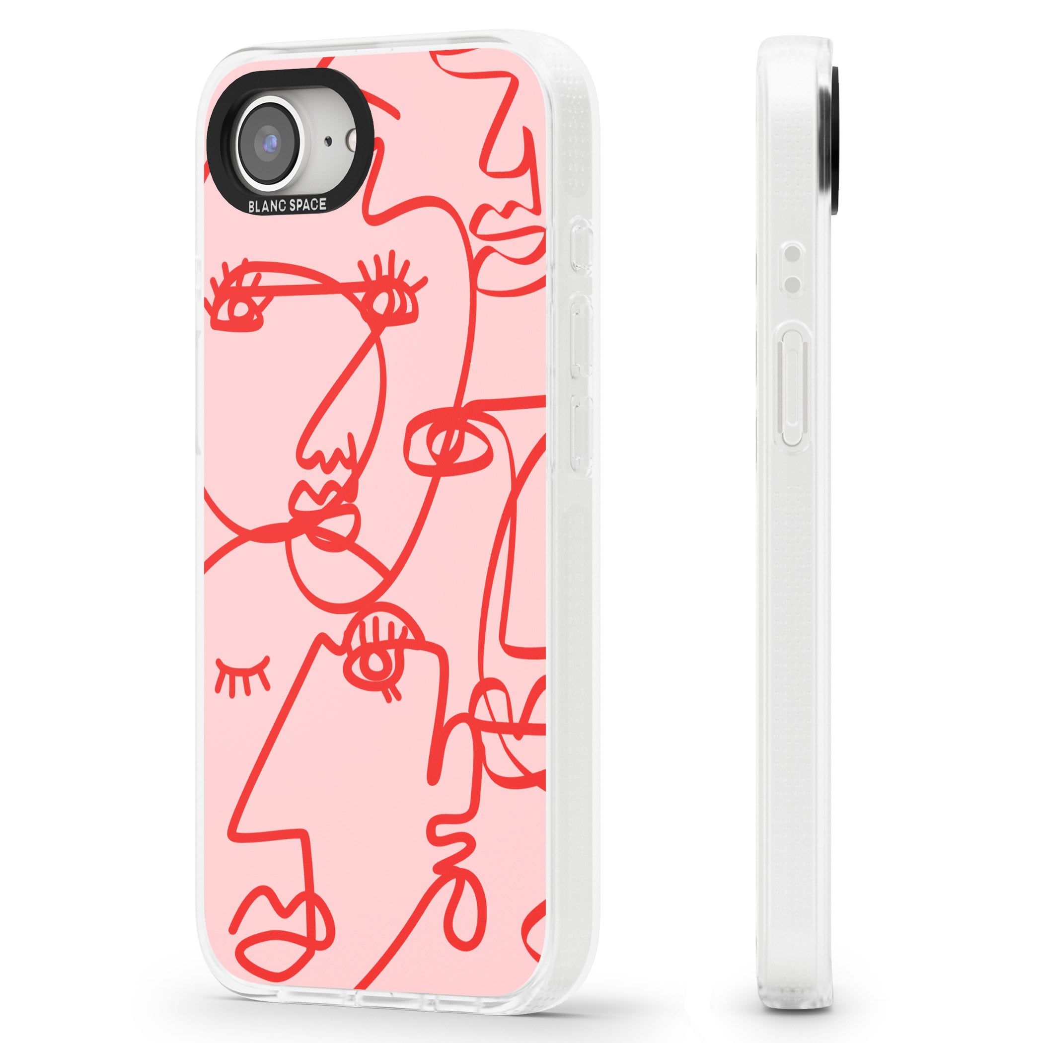 Abstract Continuous Line Faces Red on Pink iPhone 16e Clear Case Impact Air - Blanc Space