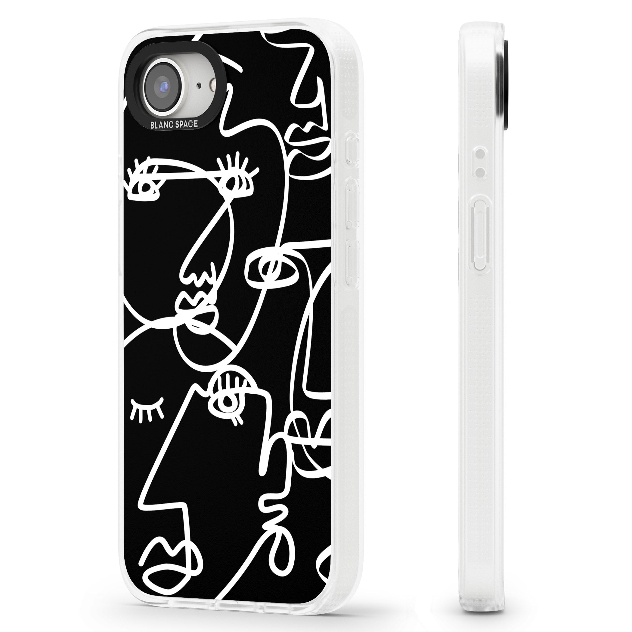 Abstract Continuous Line Faces White on Black iPhone 16e Clear Case Impact Air - Blanc Space