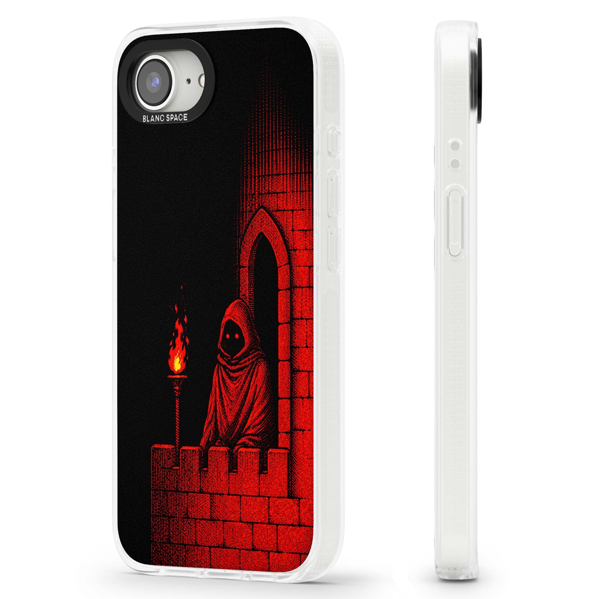 Crimson Crypt gothic iPhone case featuring a hooded reaper, torchlit crypt archway and red halftone horror art | Clear Case Impact Air case for iPhone 16e, iPhone 17e