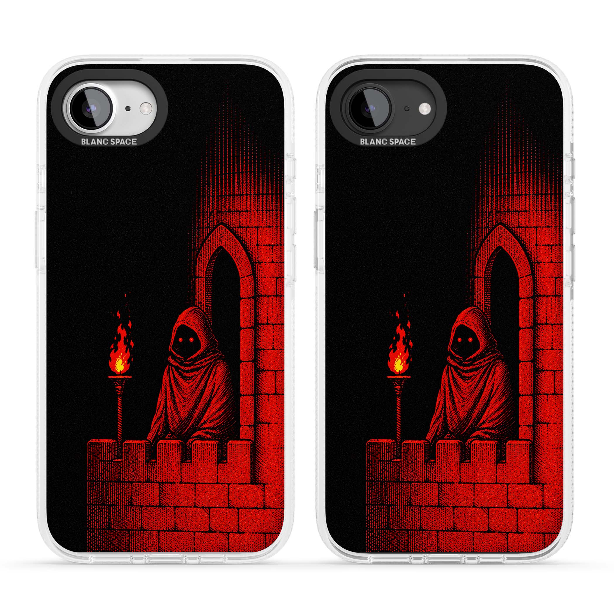 Crimson Crypt gothic iPhone case featuring a hooded reaper, torchlit crypt archway and red halftone horror art | Clear Case Impact Air case for iPhone 16e, iPhone 17e