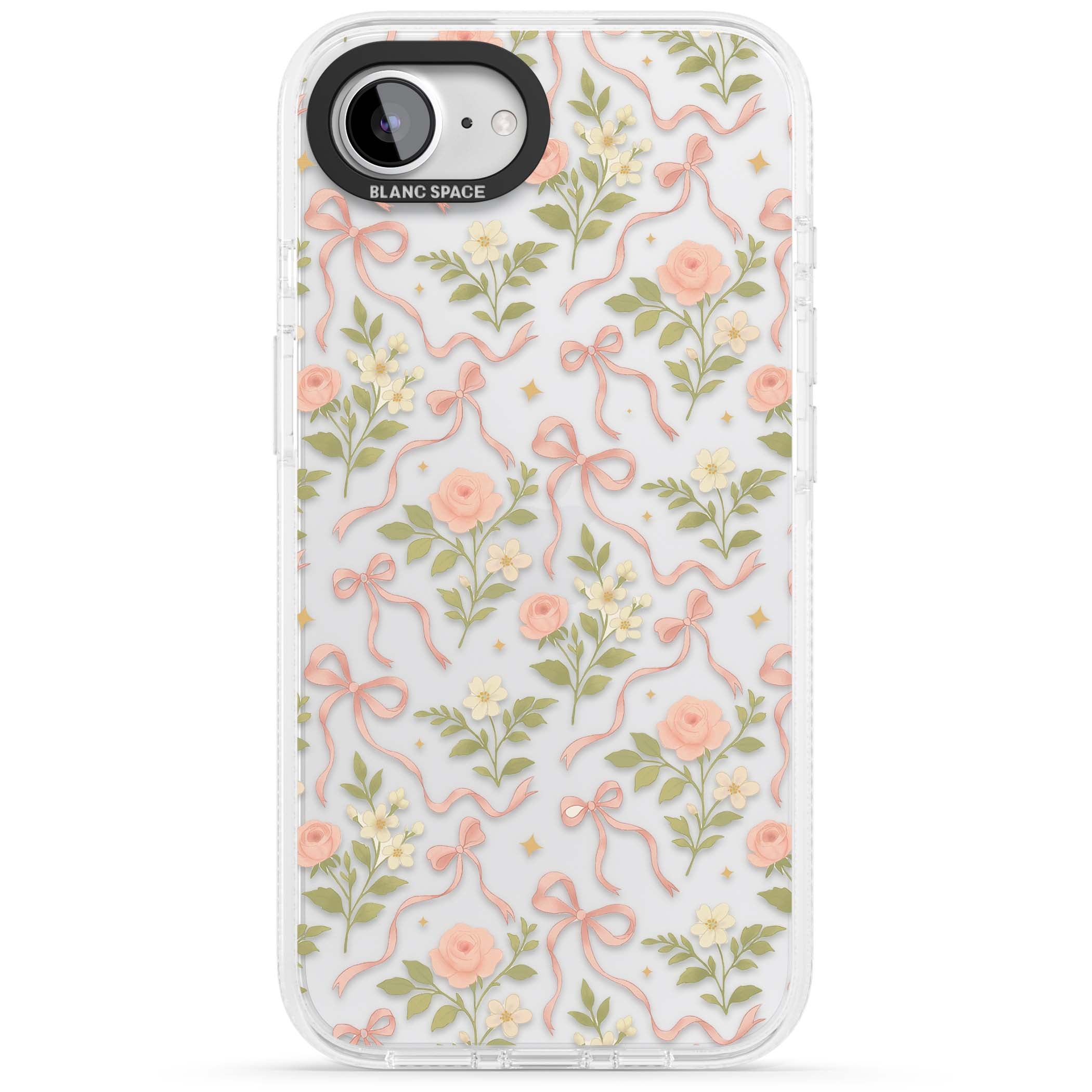 Ribbon Garden coquette iPhone case featuring pink bows, peach roses and wildflowers on white background | Clear Case Impact Air case for iPhone 16e, iPhone 17e
