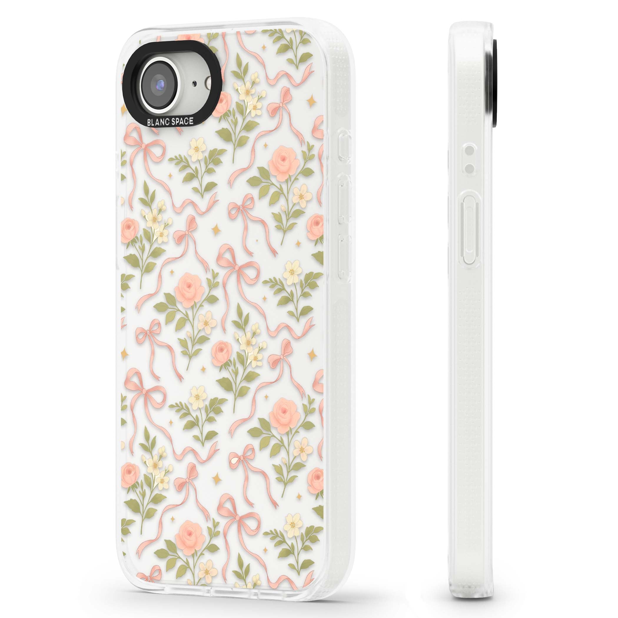 Ribbon Garden coquette iPhone case featuring pink bows, peach roses and wildflowers on white background | Clear Case Impact Air case for iPhone 16e, iPhone 17e