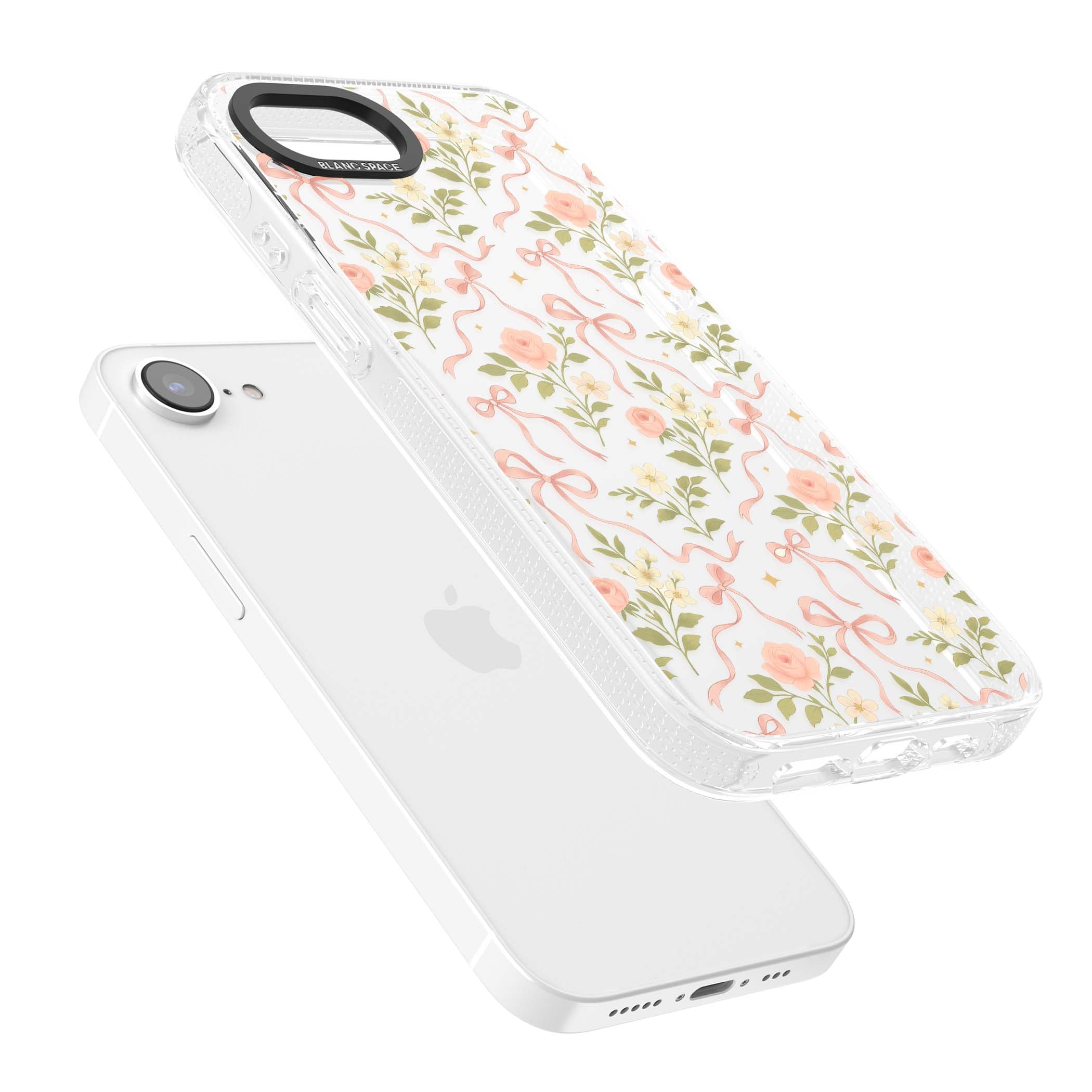 Ribbon Garden coquette iPhone case featuring pink bows, peach roses and wildflowers on white background | Clear Case Impact Air case for iPhone 16e, iPhone 17e