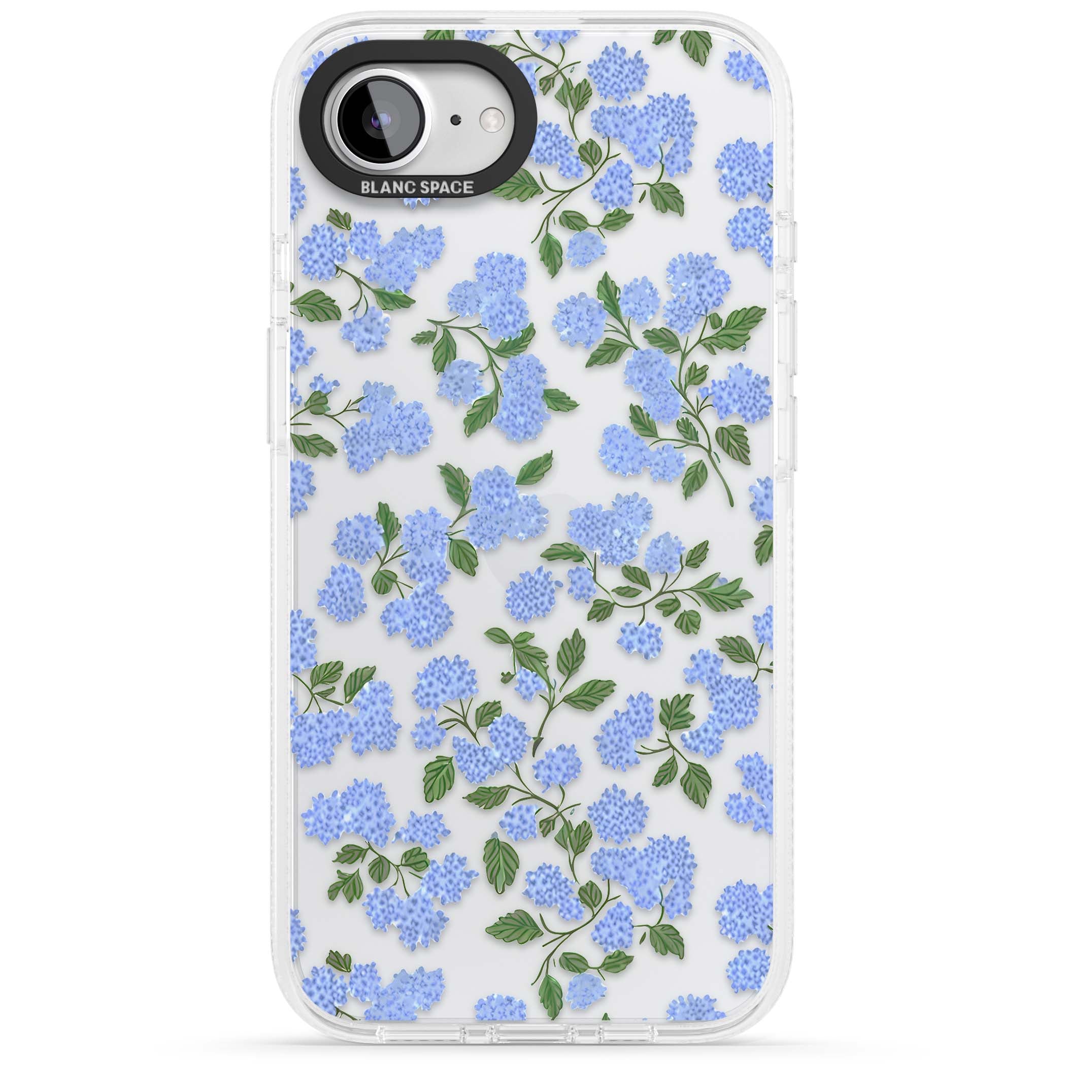 Hydrangea Dreams cottagecore iPhone case featuring soft blue hydrangea flower clusters and green leaves | Clear Case Impact Air case for iPhone 16e, iPhone 17e