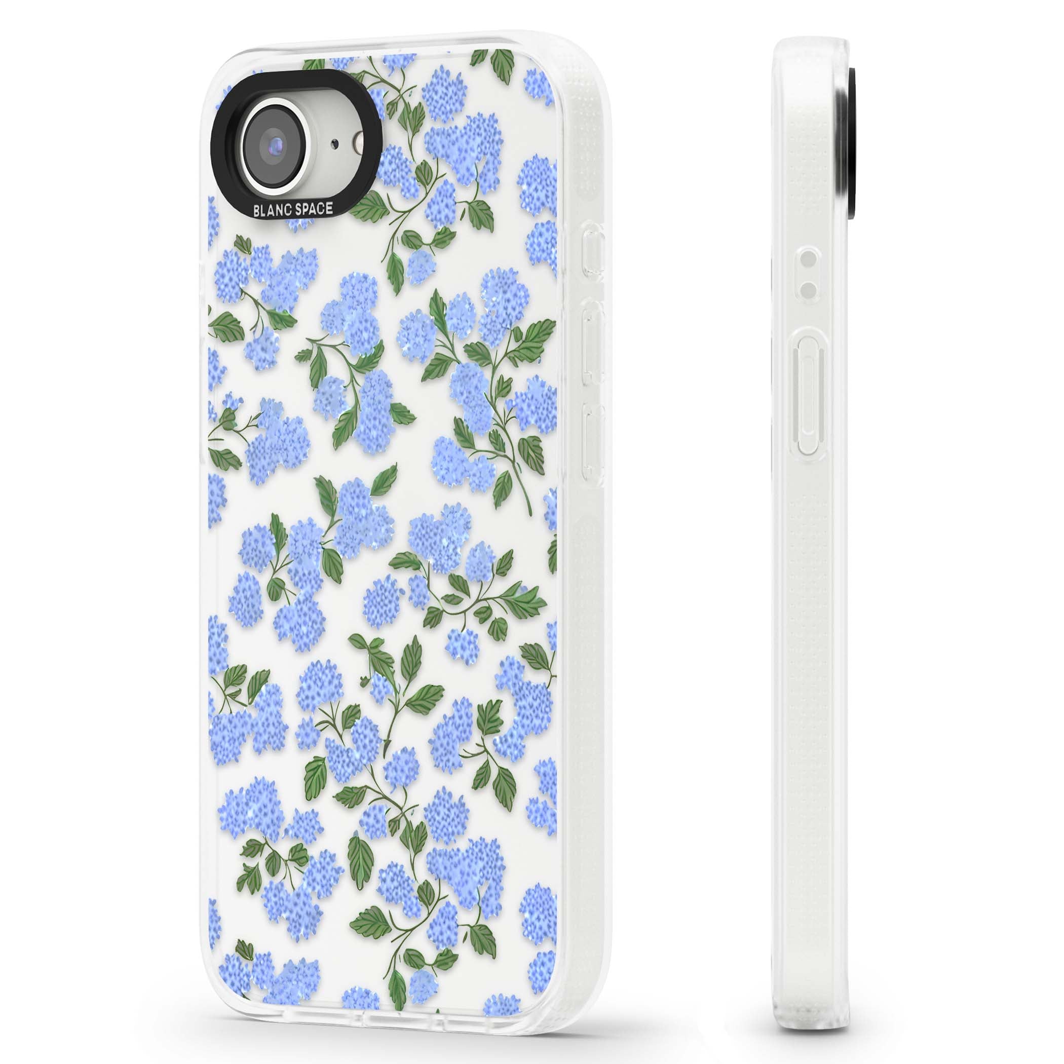 Hydrangea Dreams cottagecore iPhone case featuring soft blue hydrangea flower clusters and green leaves | Clear Case Impact Air case for iPhone 16e, iPhone 17e