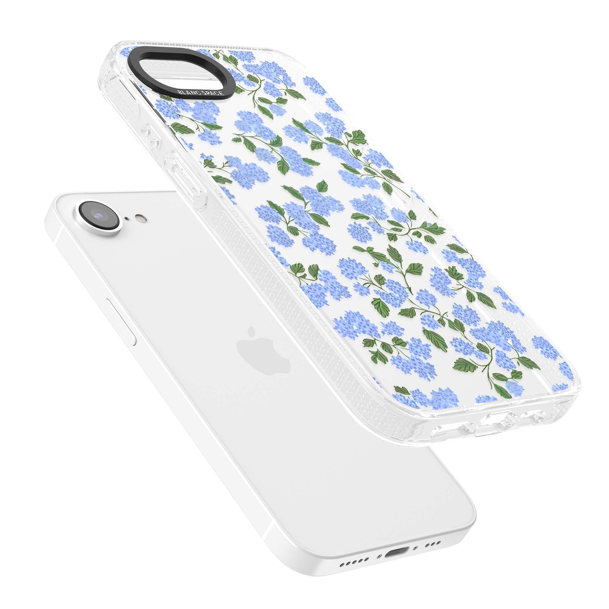 Hydrangea Dreams cottagecore iPhone case featuring soft blue hydrangea flower clusters and green leaves | Clear Case Impact Air case for iPhone 16e, iPhone 17e