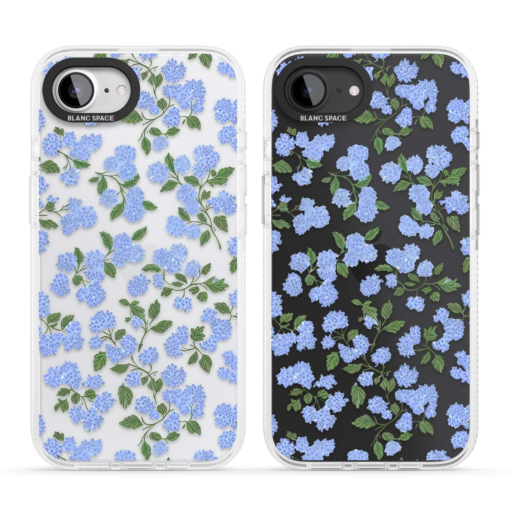 Hydrangea Dreams cottagecore iPhone case featuring soft blue hydrangea flower clusters and green leaves | Clear Case Impact Air case for iPhone 16e, iPhone 17e