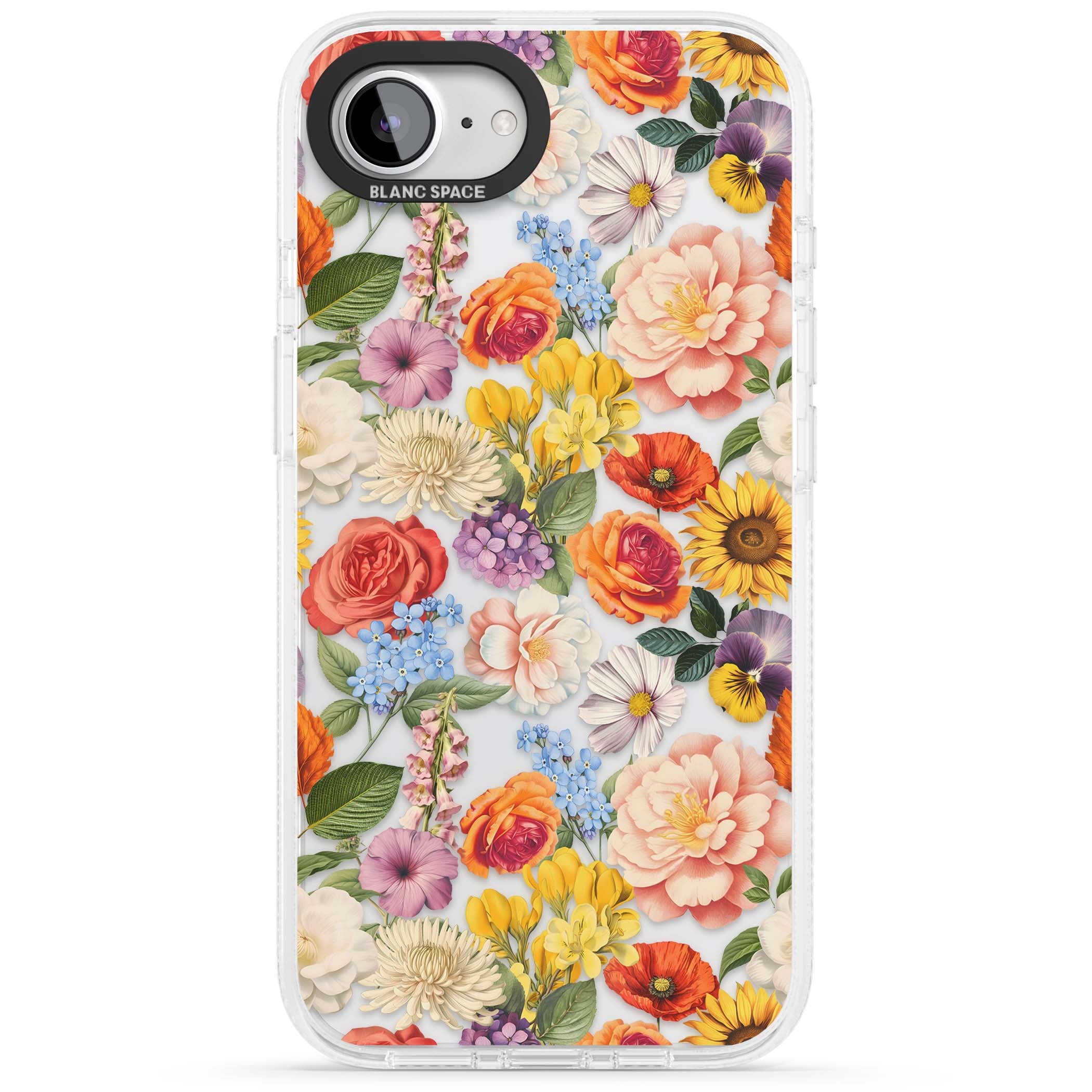 Bloom Basket floral iPhone case featuring cottage garden flowers including peonies, sunflowers, and wildflowers in pastel col | Clear Case Impact Air case for iPhone 16e, iPhone 17e