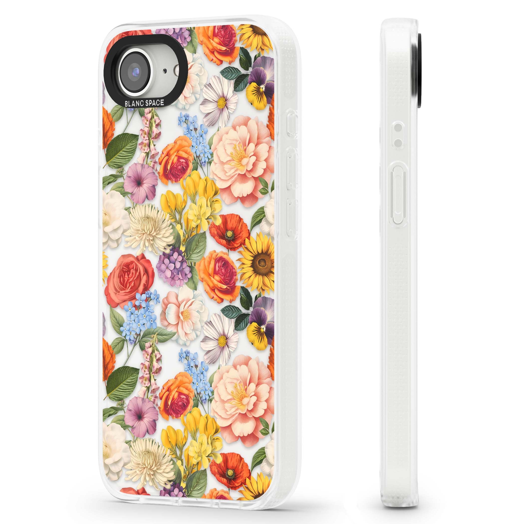 Bloom Basket floral iPhone case featuring cottage garden flowers including peonies, sunflowers, and wildflowers in pastel col | Clear Case Impact Air case for iPhone 16e, iPhone 17e