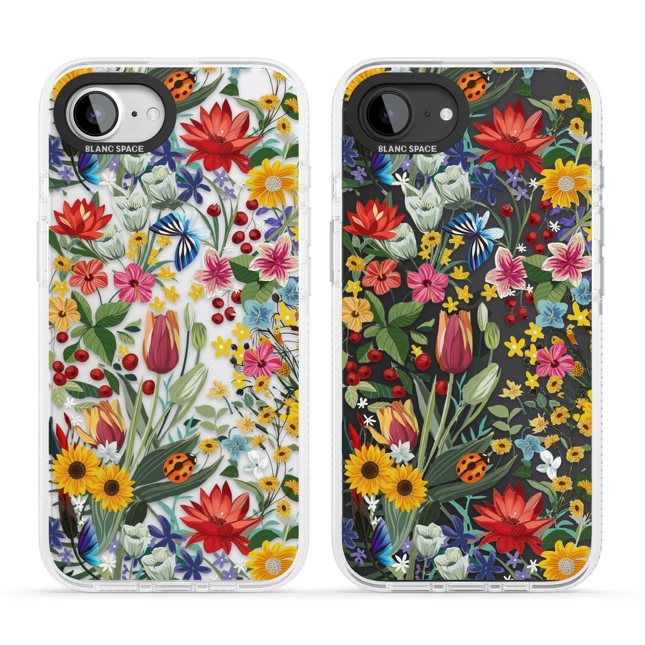 Botanical Bloom cottagecore iPhone case featuring colorful wildflowers, sunflowers, and ladybugs on clear background | Clear Case Impact Air case for iPhone 16e, iPhone 17e
