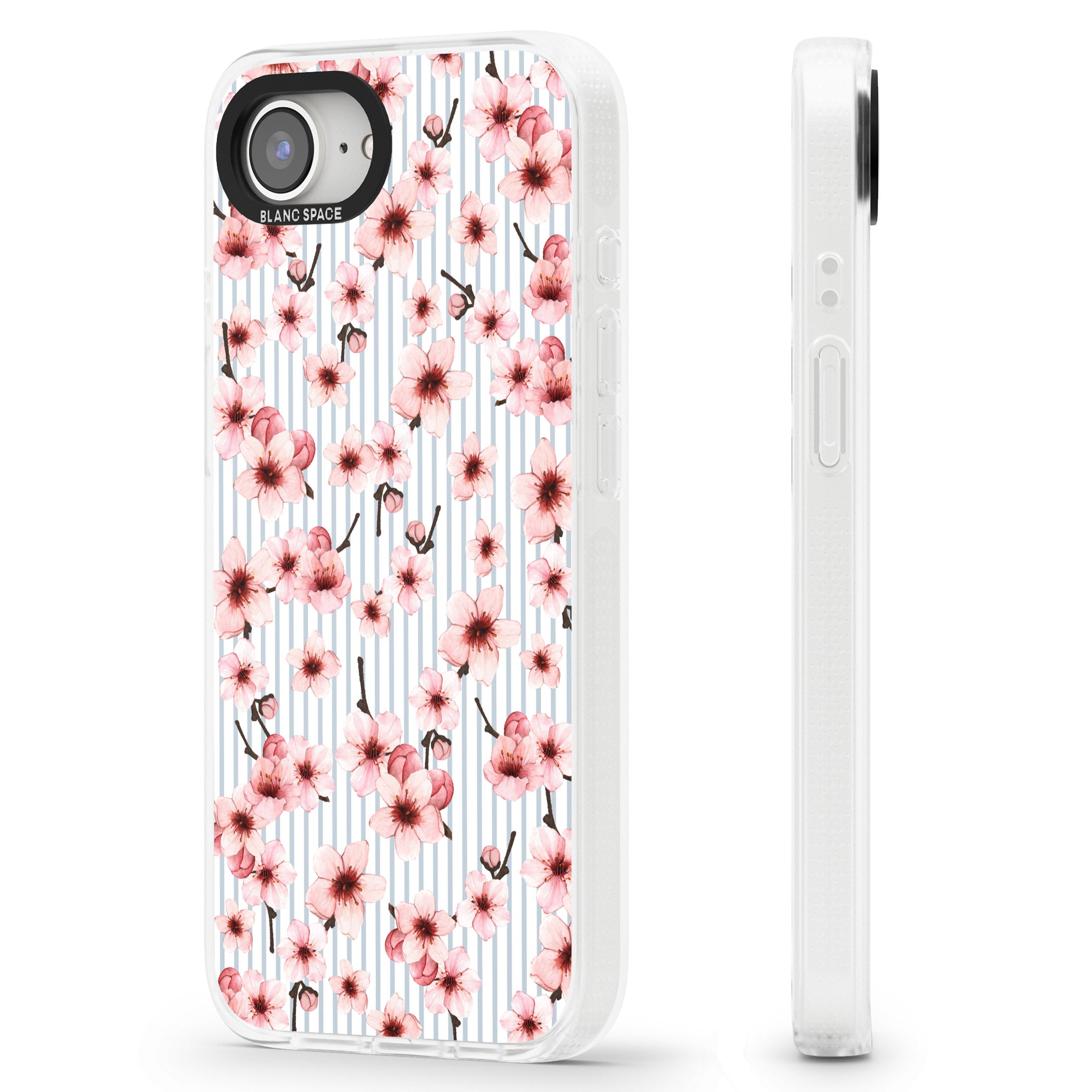 Cherry Blossoms on Blue Stripes Pattern iPhone 16e Clear Case Impact Air - Blanc Space
