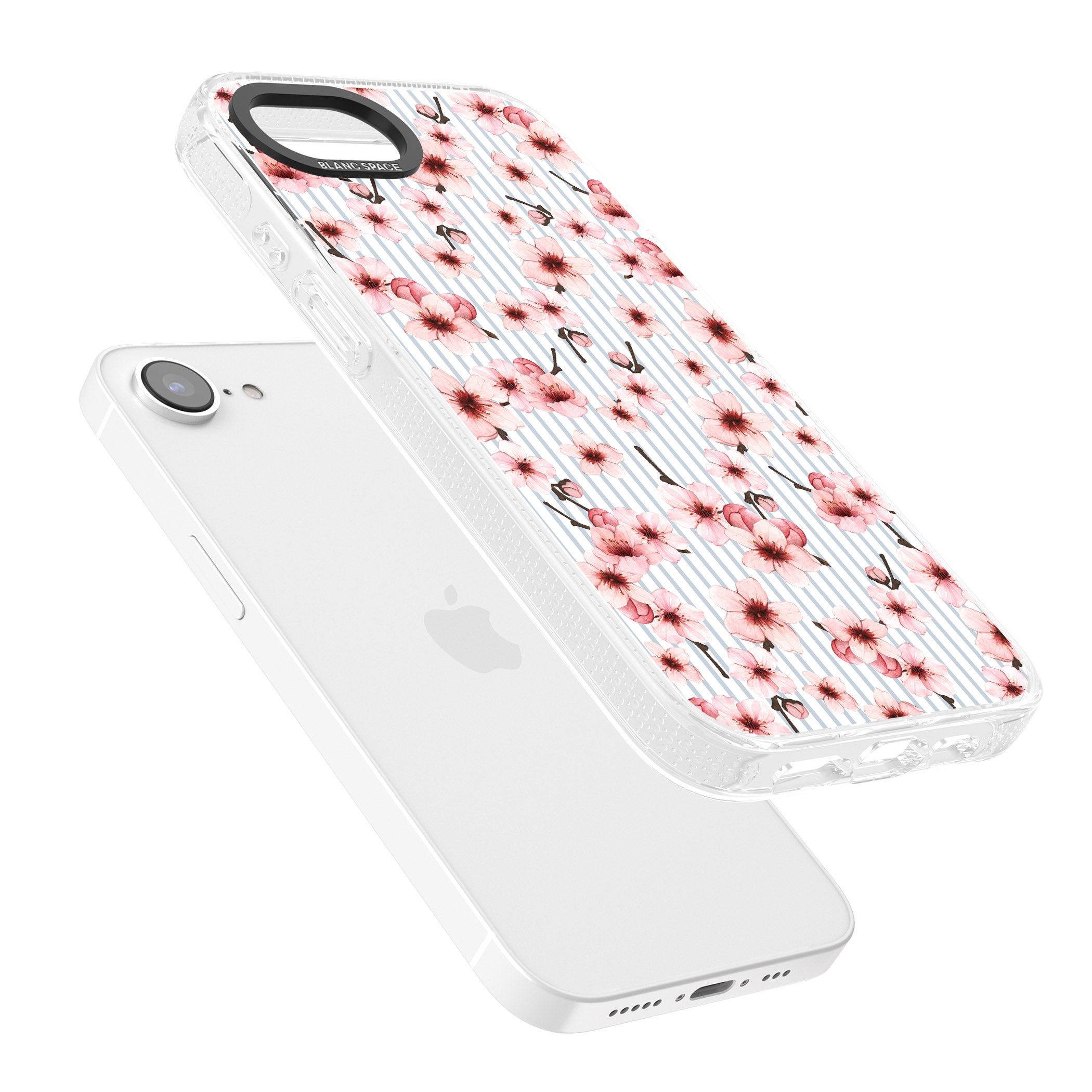 Cherry Blossoms on Blue Stripes Pattern iPhone 16e Clear Case Impact Air - Blanc Space