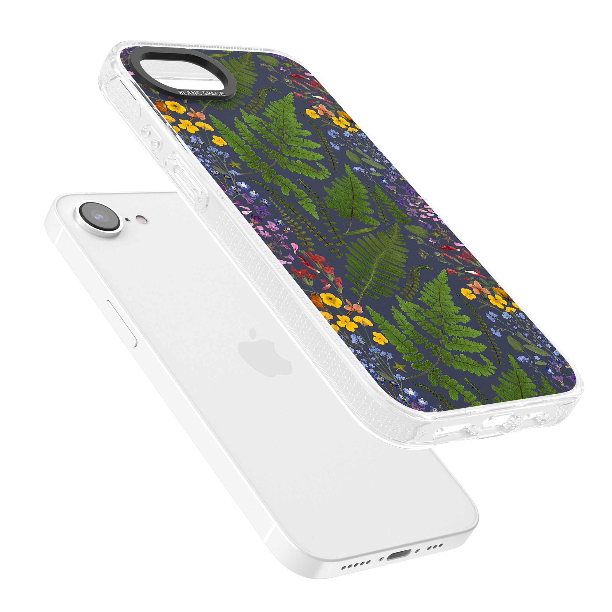 Busy Floral and Fern Design - Navy iPhone 16e Clear Case Impact Air - Blanc Space