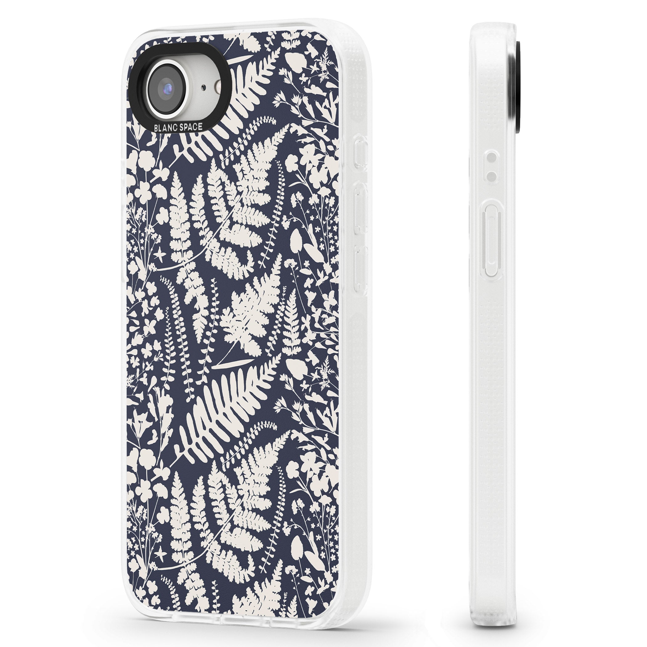 Wildflowers and Ferns on Navy iPhone 16e Clear Case Impact Air - Blanc Space
