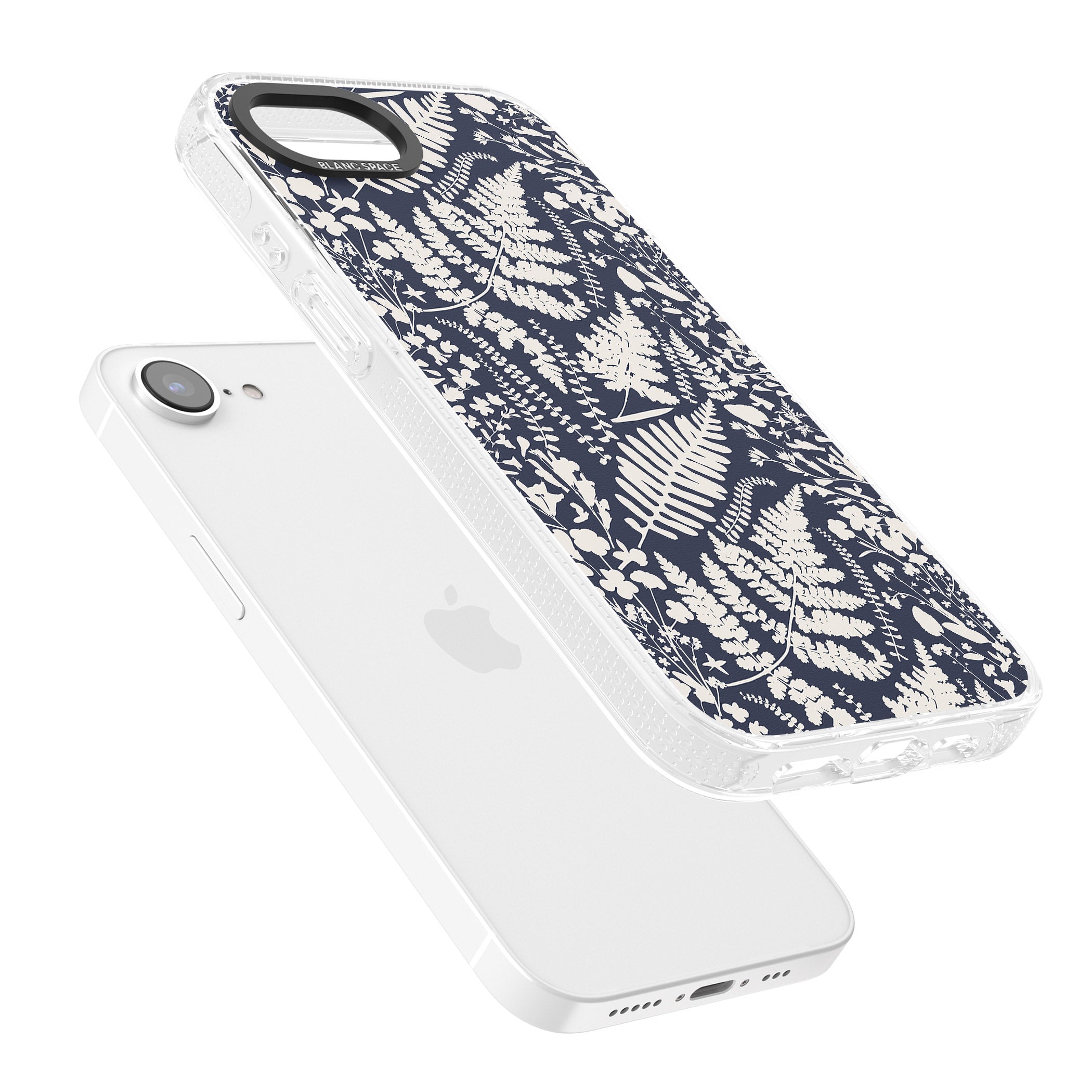 Wildflowers and Ferns on Navy iPhone 16e Clear Case Impact Air - Blanc Space