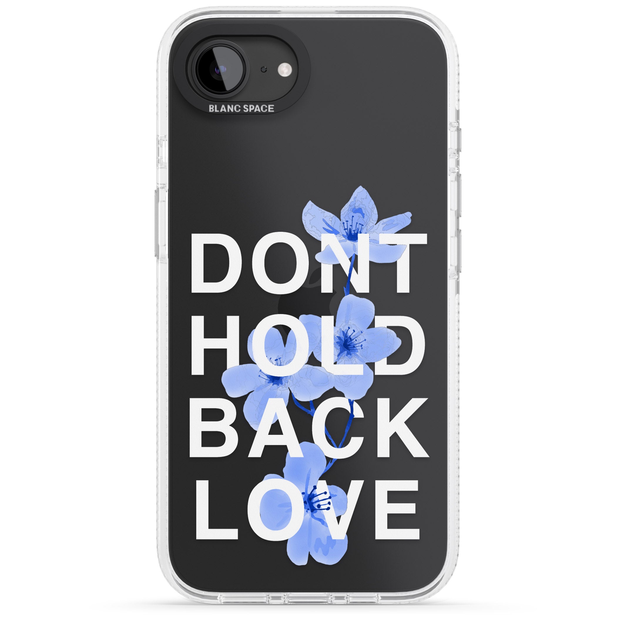 Don't Hold Back Love - Blue & White iPhone 16e Clear Case Impact Air - Blanc Space