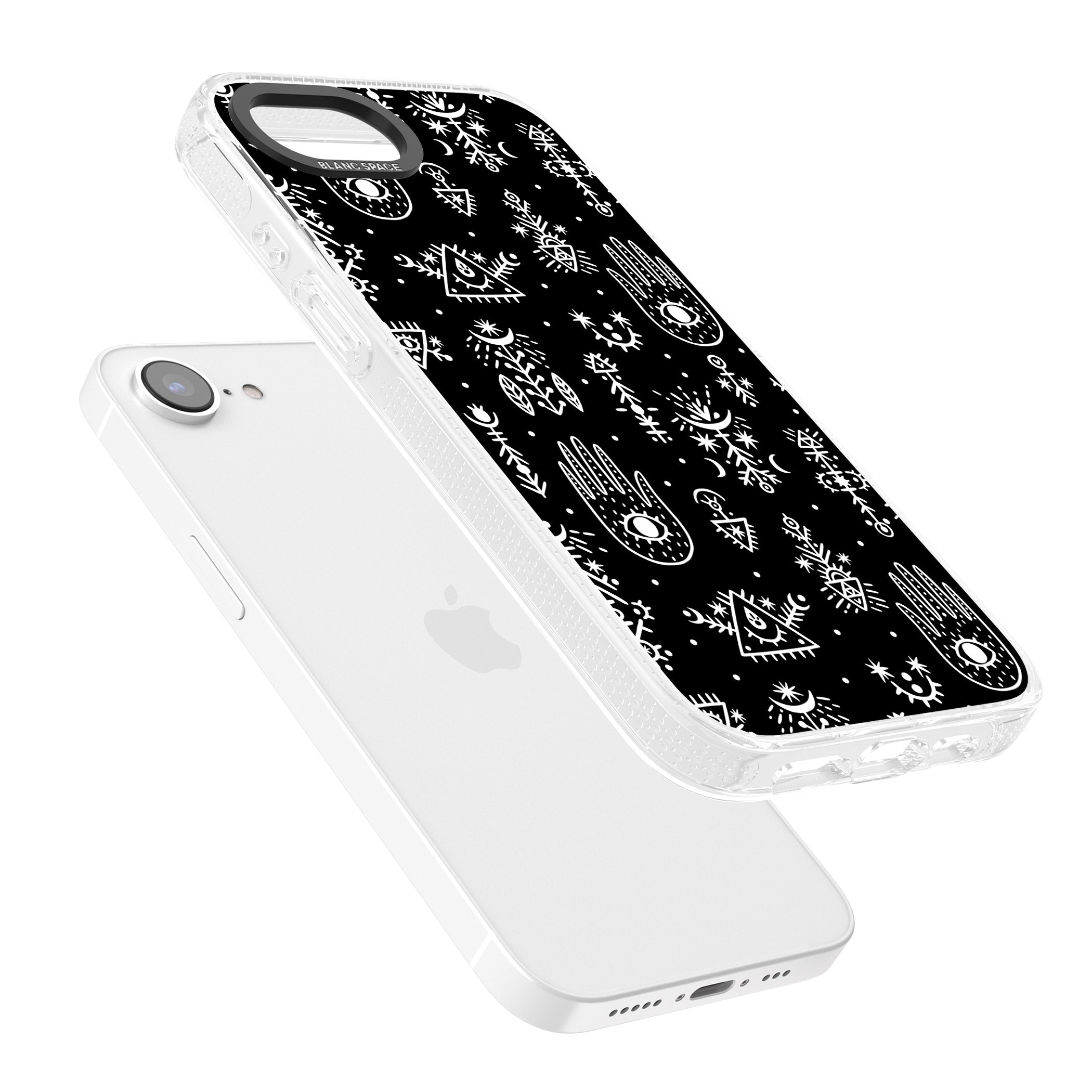 Tribal Palms - White on Black iPhone 16e Clear Case Impact Air - Blanc Space