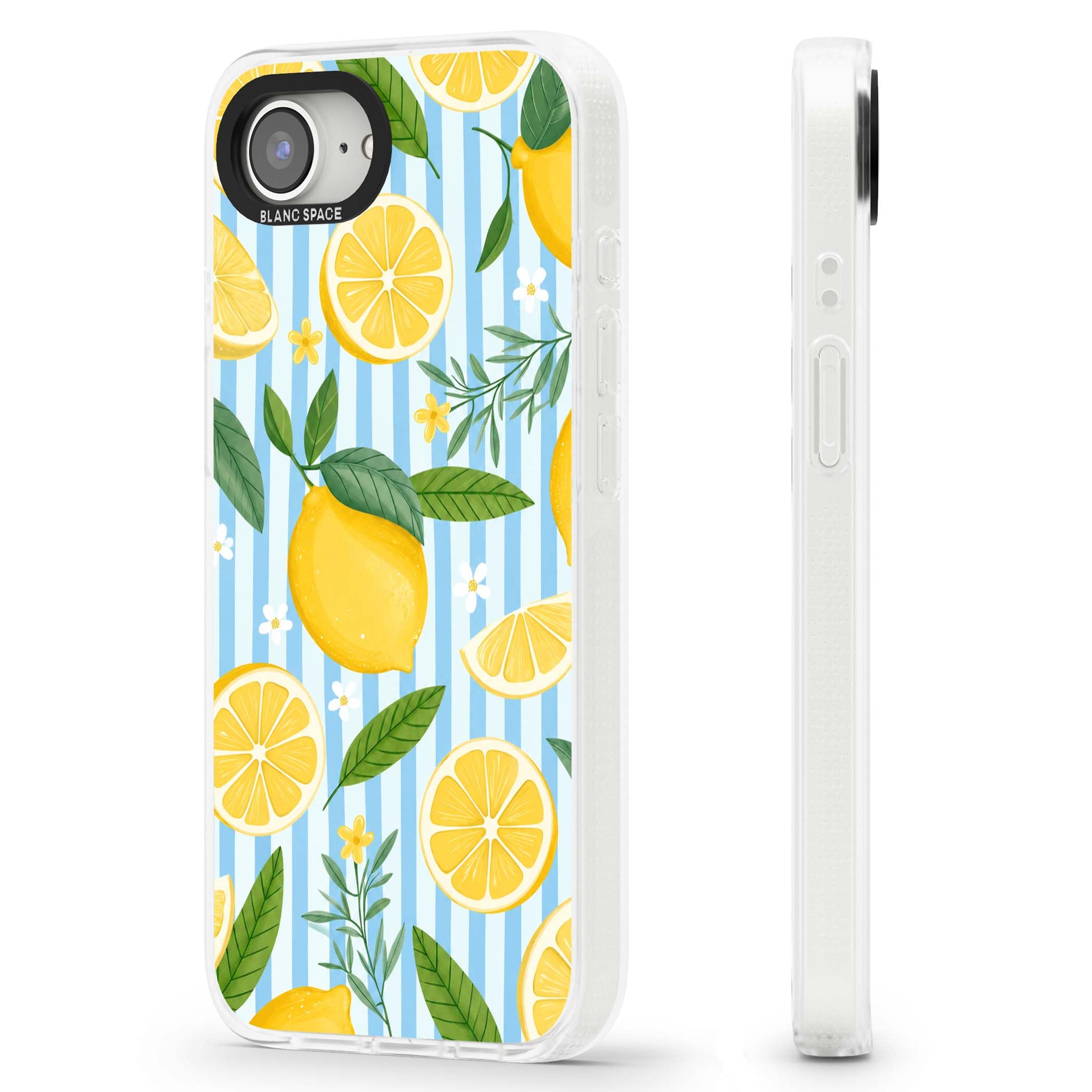 Capri Citrus Stripe coastal iPhone case featuring yellow lemons, blue stripes, and white daisy blossoms | Clear Case Impact Air case for iPhone 16e, iPhone 17e