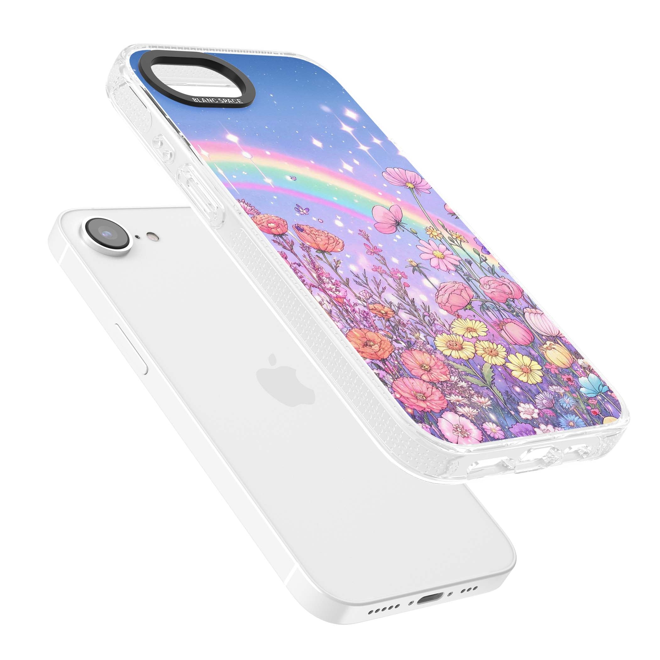 Magical Meadow fairycore iPhone case featuring a pastel rainbow, sparkling stars and a wildflower meadow | Clear Case Impact Air case for iPhone 16e, iPhone 17e