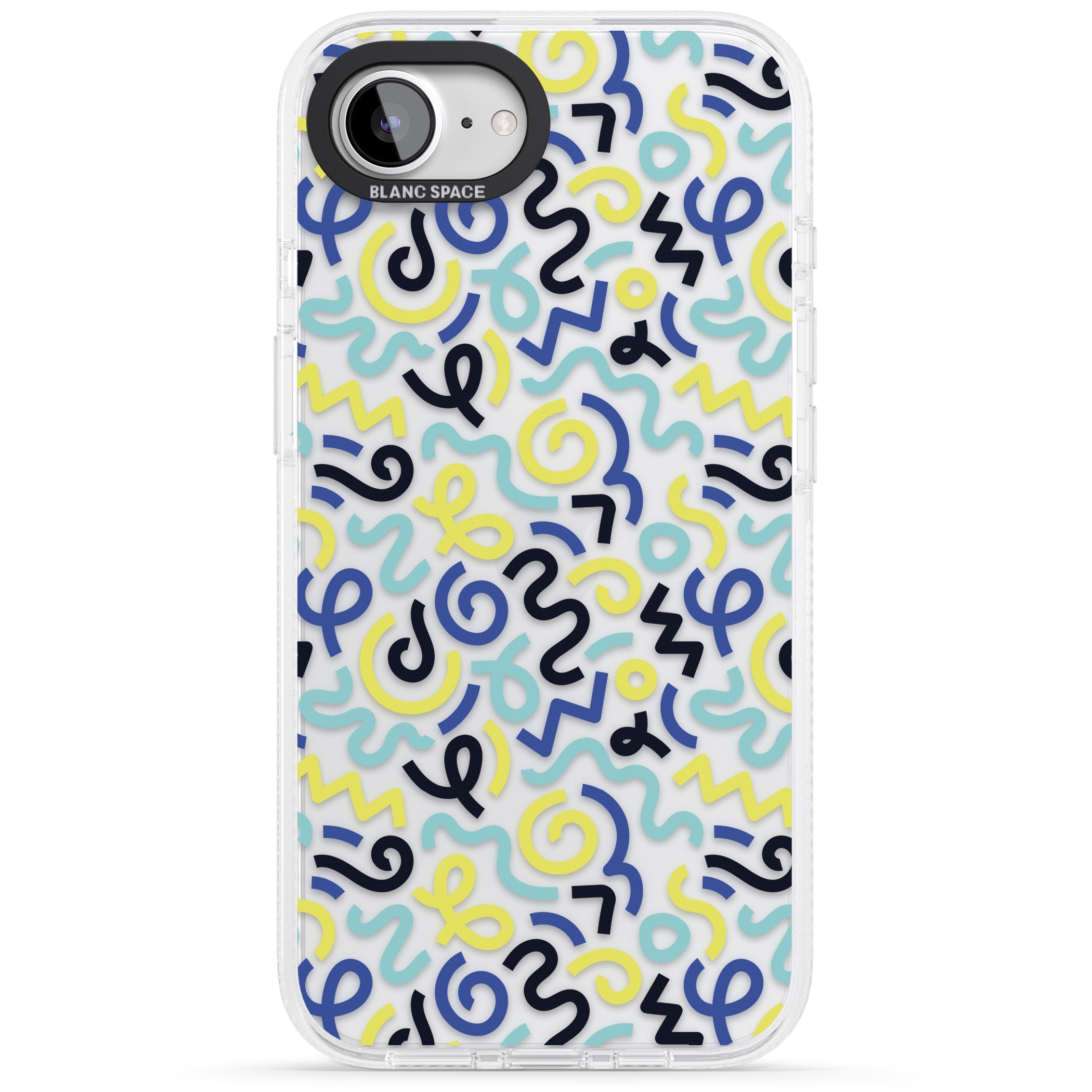 Blue & Yellow Shapes Memphis Retro Pattern Design iPhone 16e Clear Case Impact Air - Blanc Space
