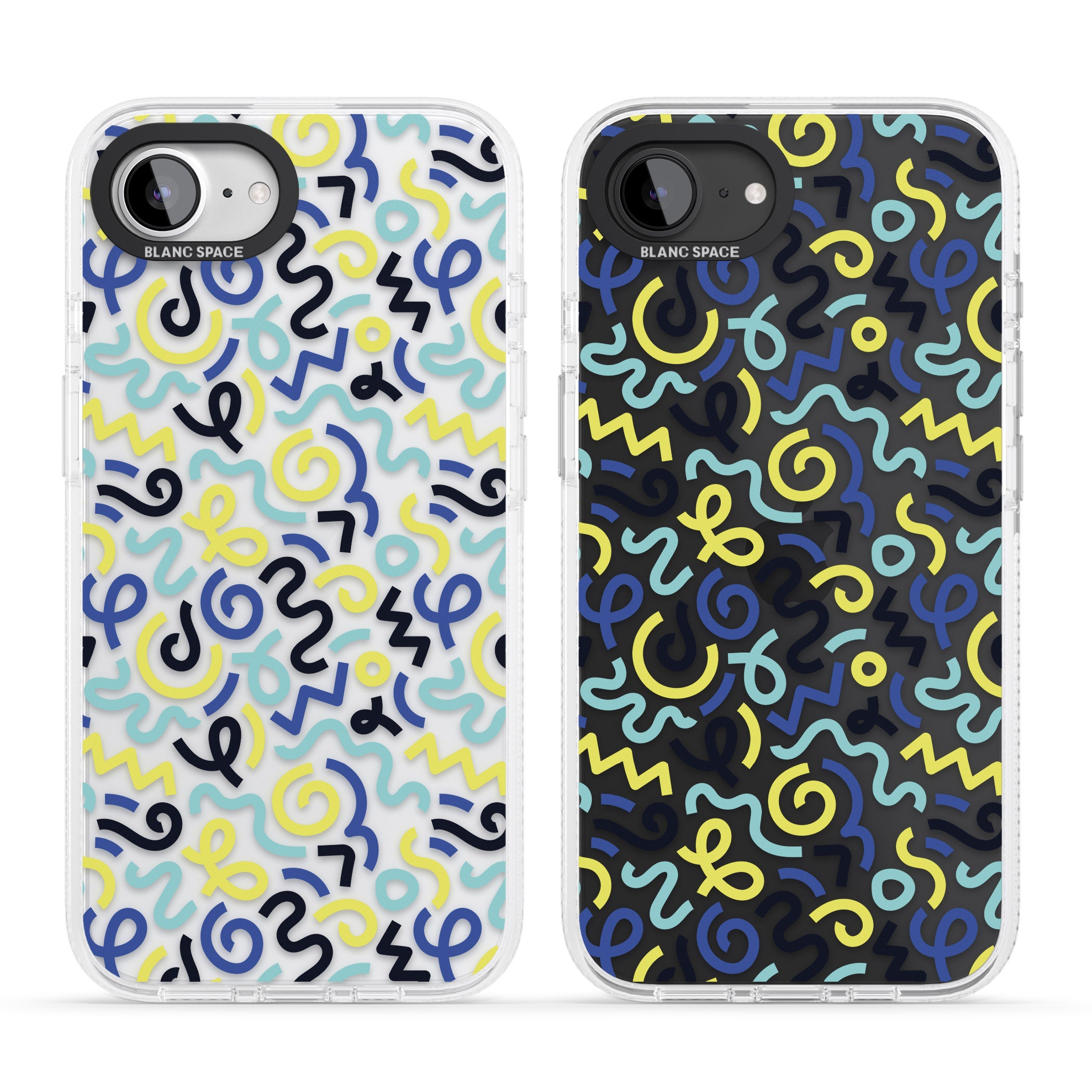 Blue & Yellow Shapes Memphis Retro Pattern Design iPhone 16e Clear Case Impact Air - Blanc Space
