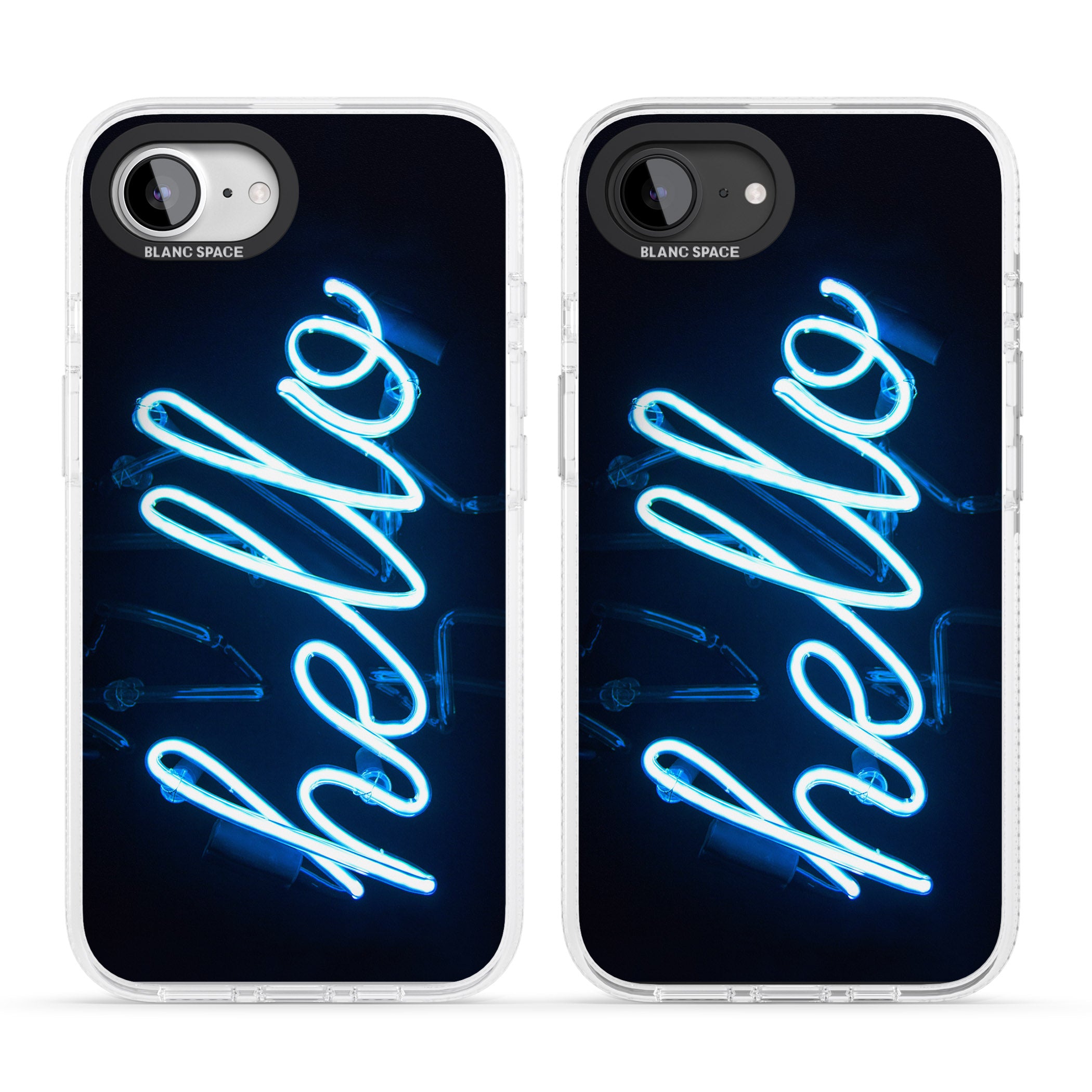"Hello" Blue Cursive Neon Sign iPhone 16e Clear Case Impact Air - Blanc Space