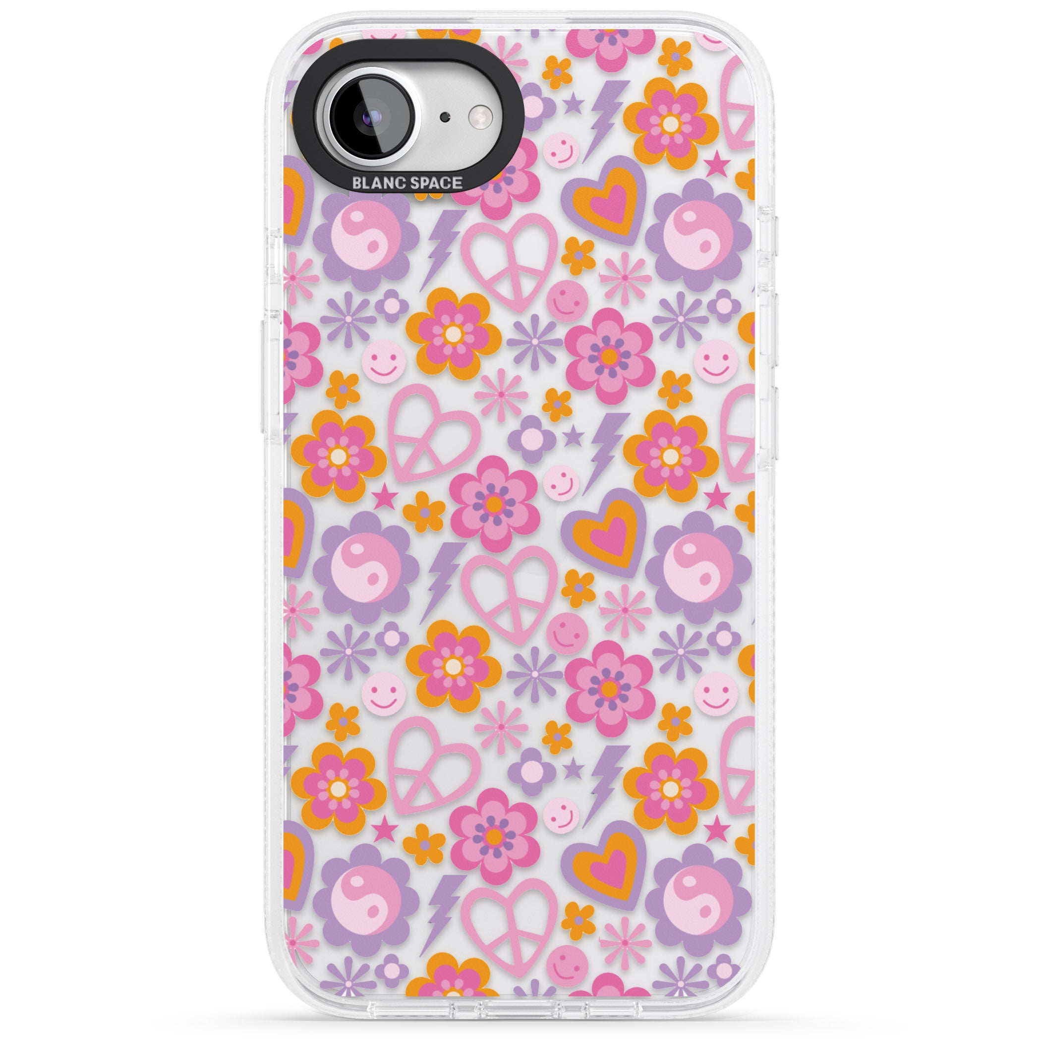 Peace, Love and Flowers Pattern iPhone 16e Clear Case Impact Air - Blanc Space